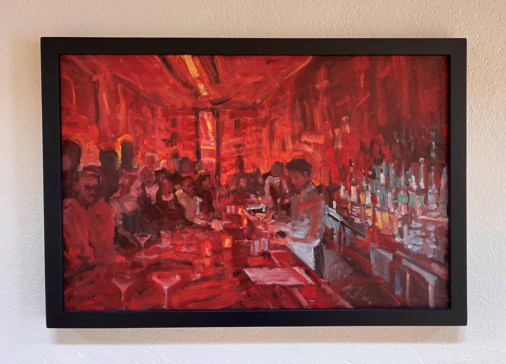 A painting of people sitting at a bar in a restaurant.