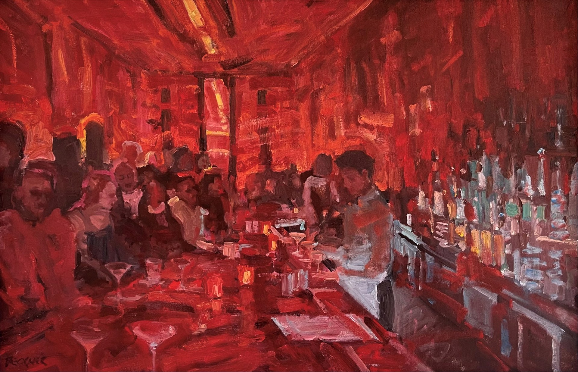 A painting of people sitting at a bar in a restaurant.