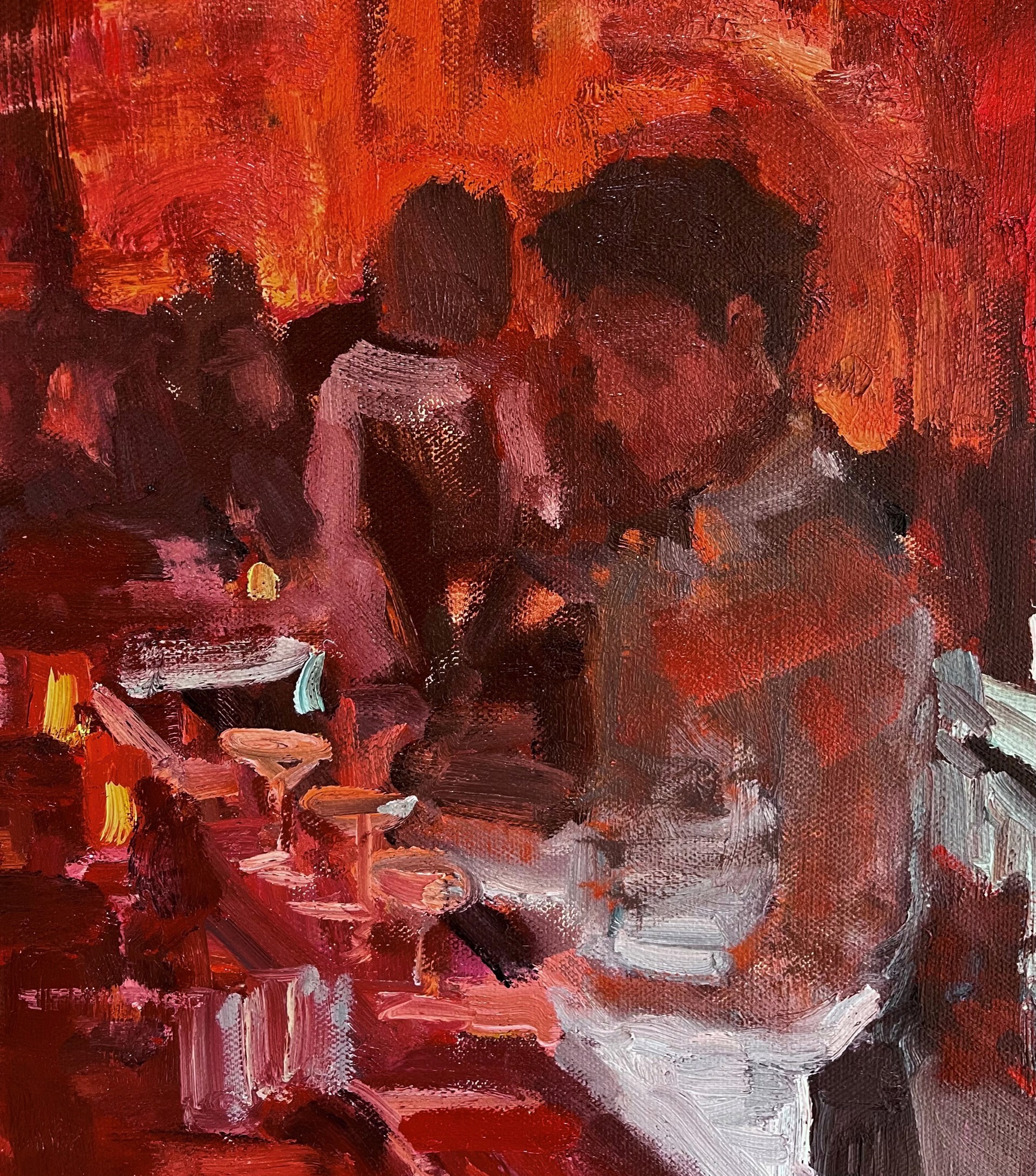 A painting of people sitting at a bar in a restaurant.