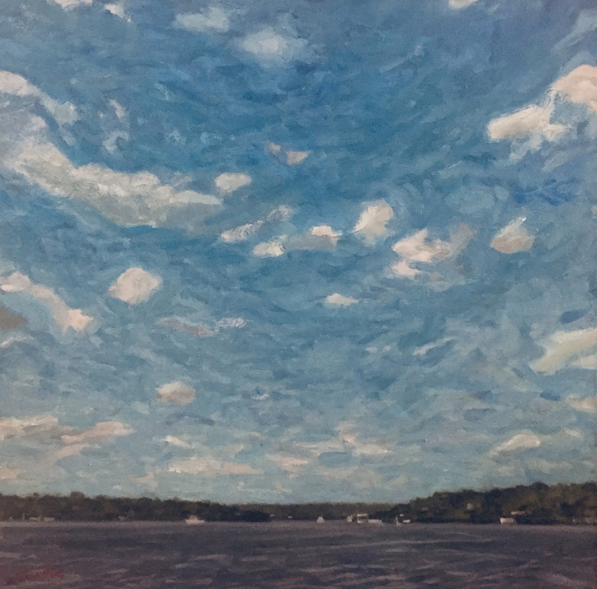 A painting of a blue sky over a body of water.