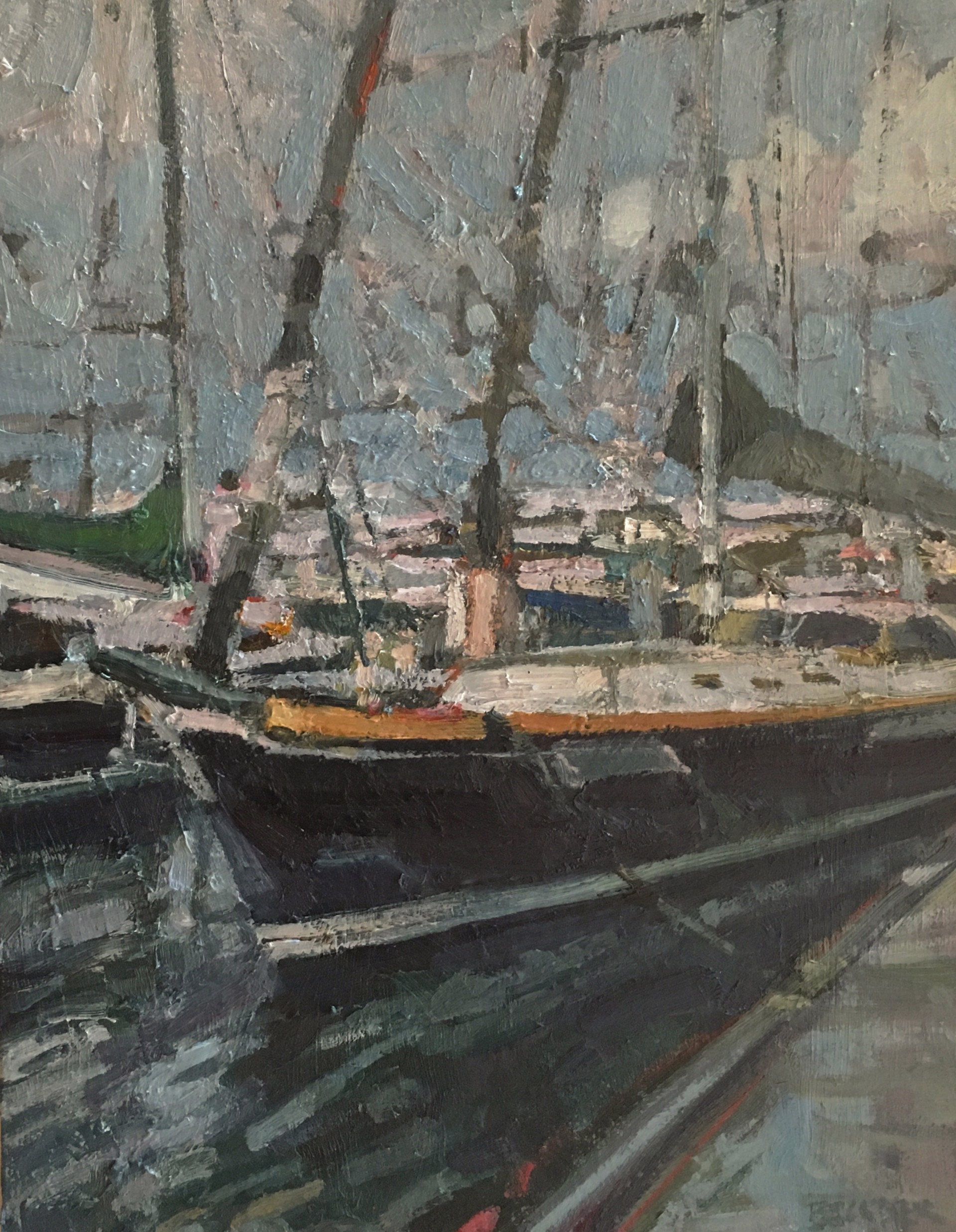 A painting of boats docked in a harbor on a cloudy day.