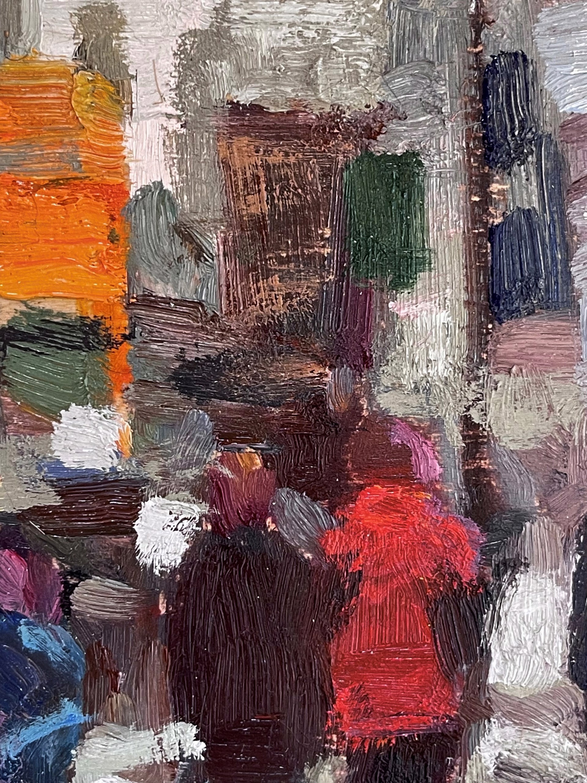 A painting of people walking down a city street.