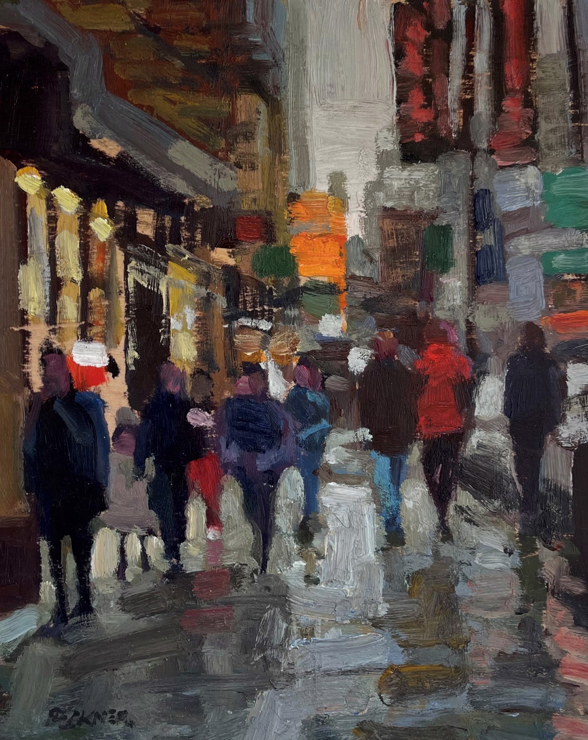 A painting of people walking down a city street.