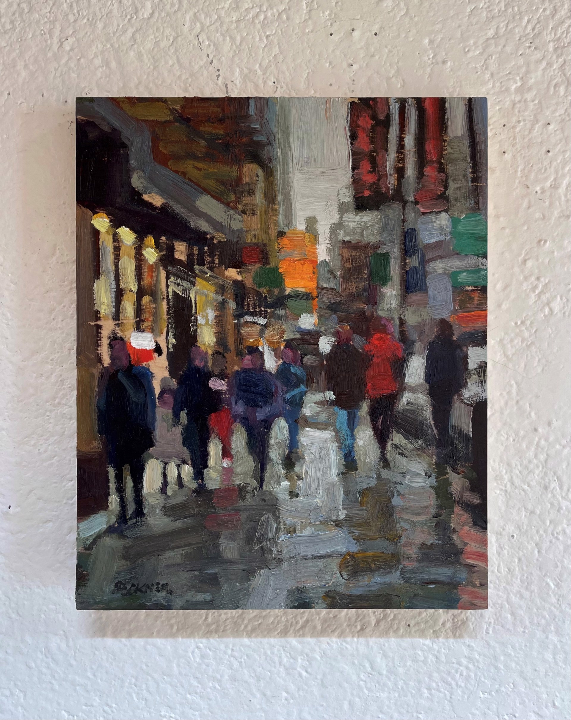 A painting of people walking down a city street.
