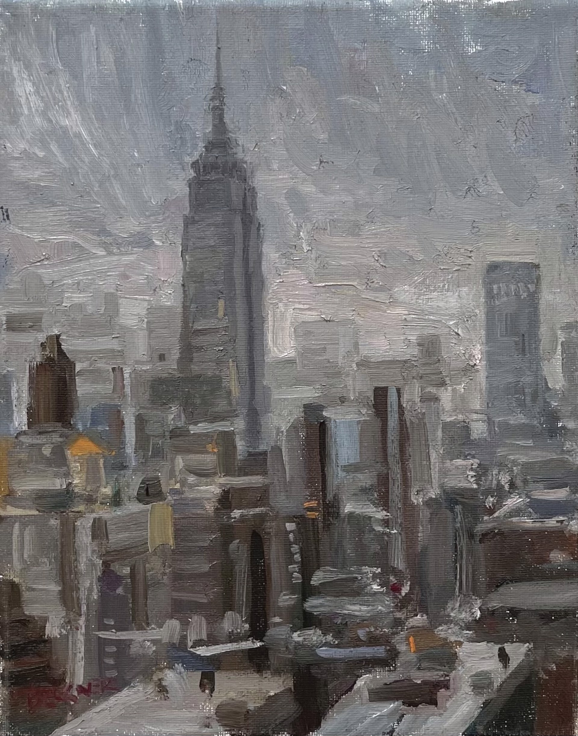 A painting of the Empire State Building in New York City.