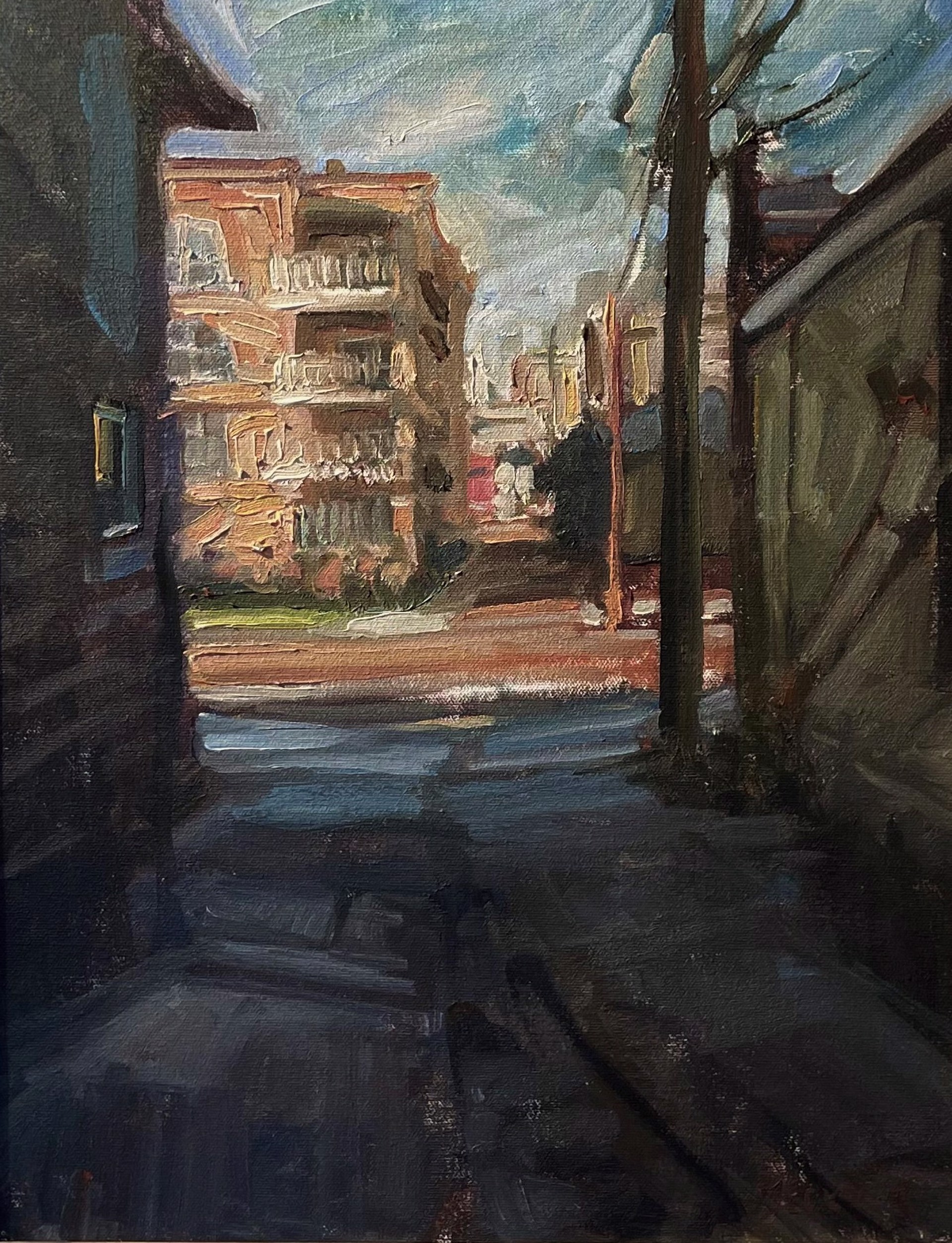 A painting of a city street with buildings in the background.