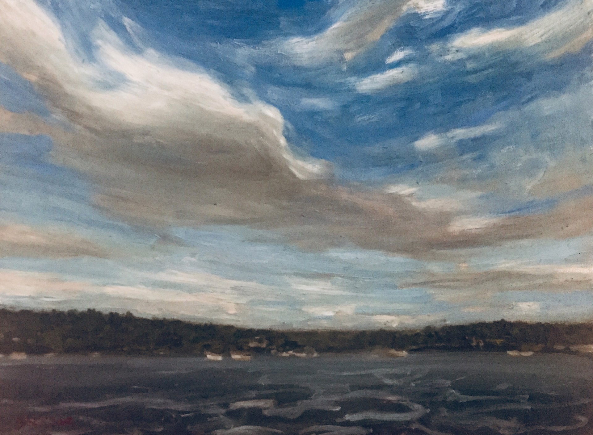 A painting of a cloudy sky over a body of water.