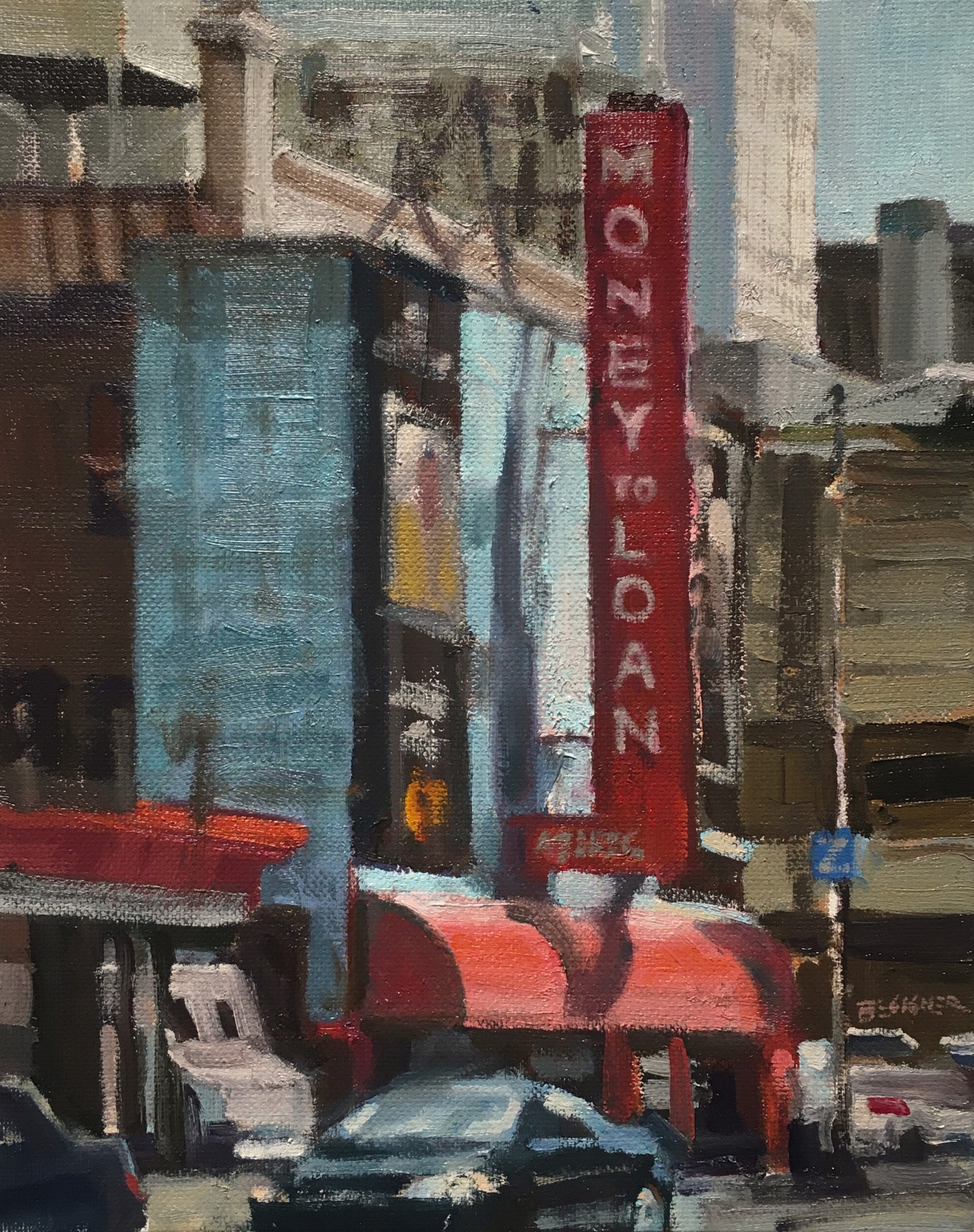 A painting of a city street with cars parked in front of a building.