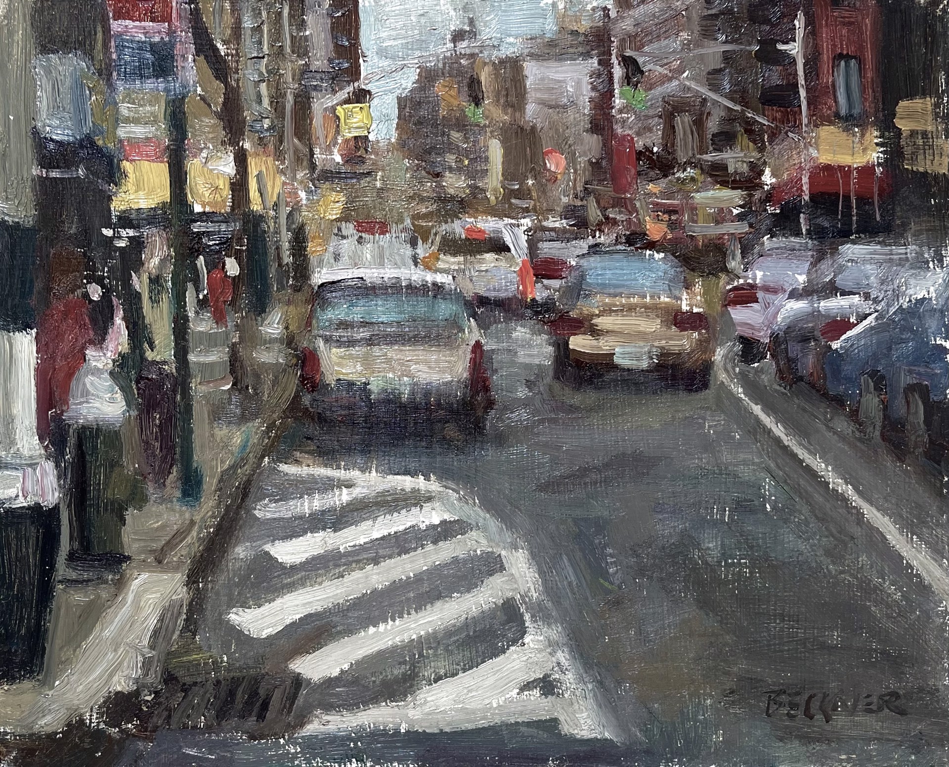 A painting of a city street with cars and pedestrians.