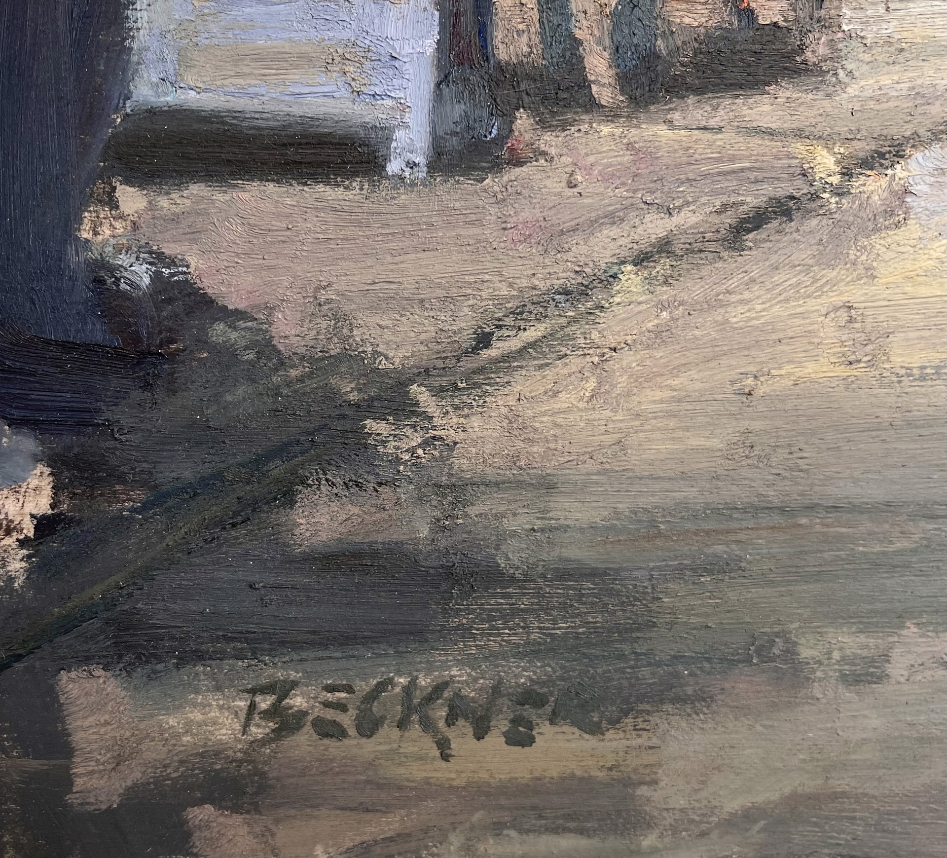 A painting of people walking down a city street.