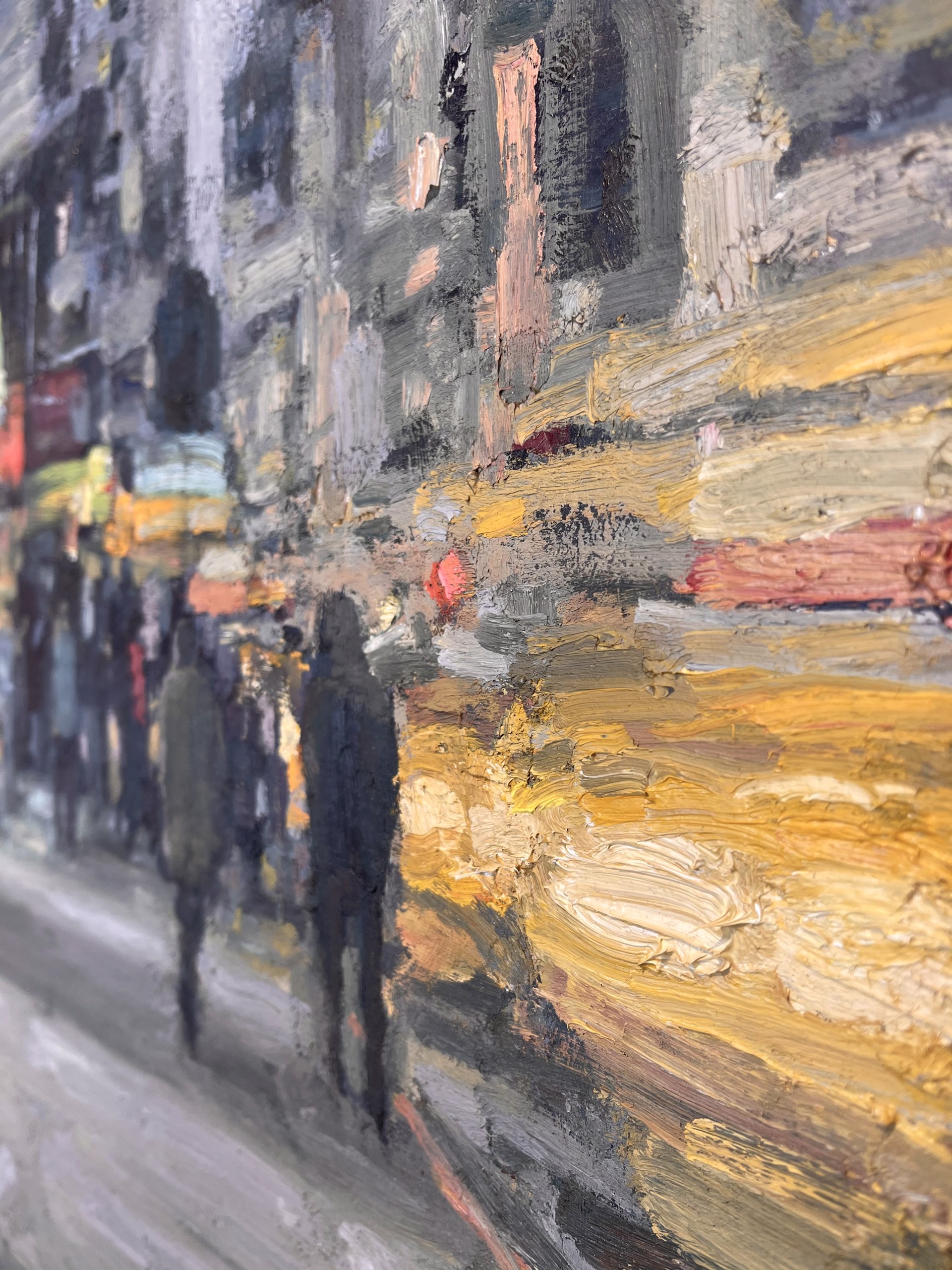 A painting of people walking down a city street.