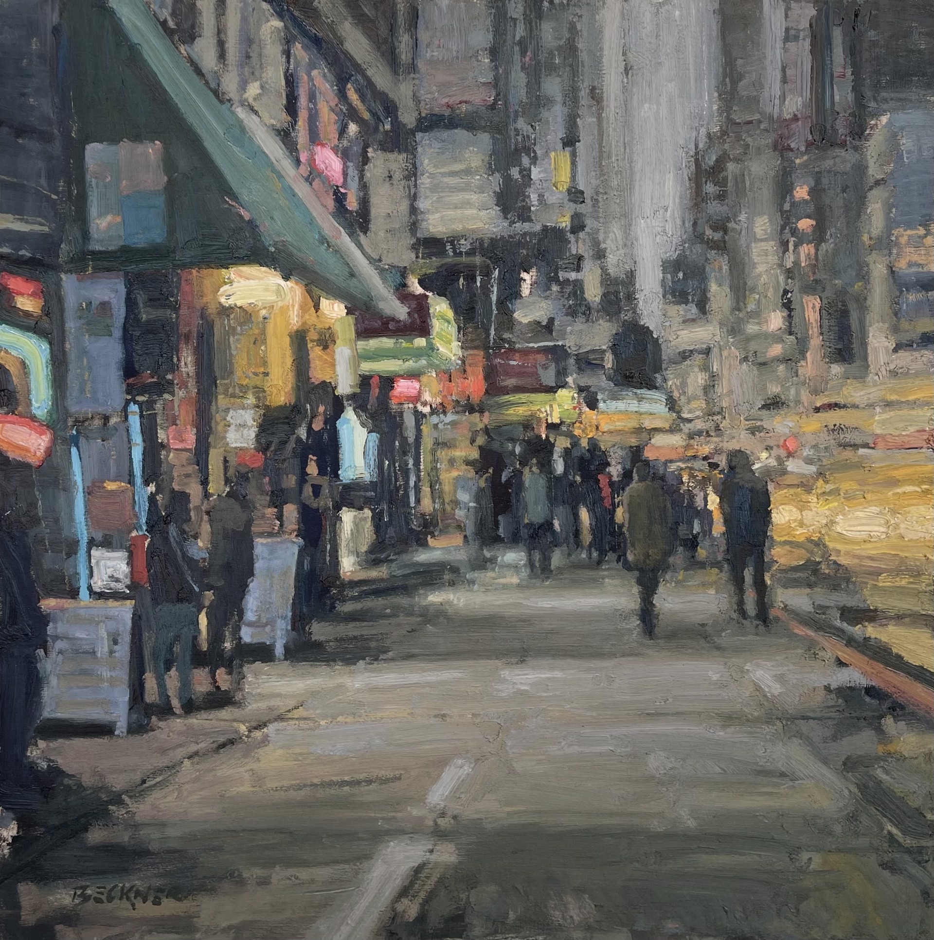 A painting of people walking down a city street.