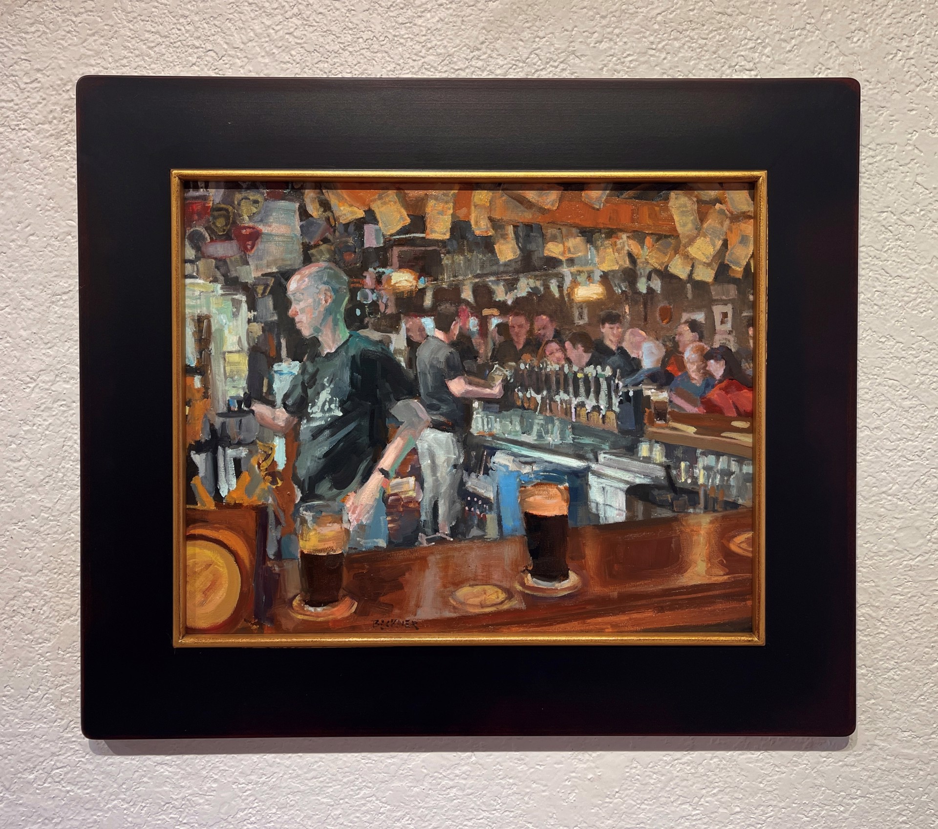 A painting of a bar scene with people at the bar.