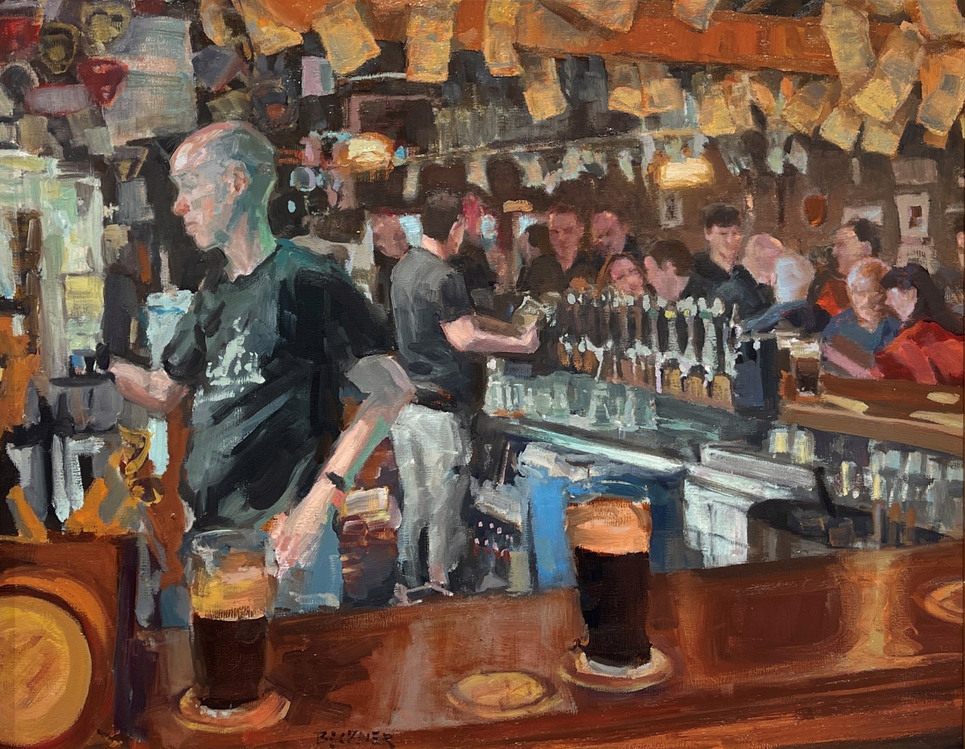 A painting of a bar scene with people at the bar.