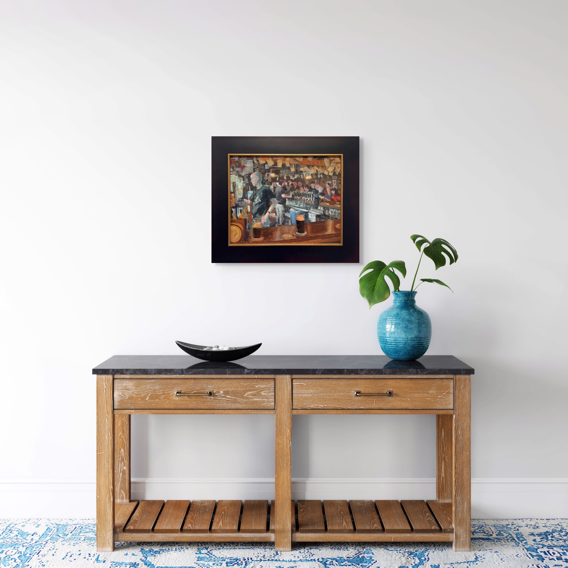 A painting of a bar scene with people at the bar.