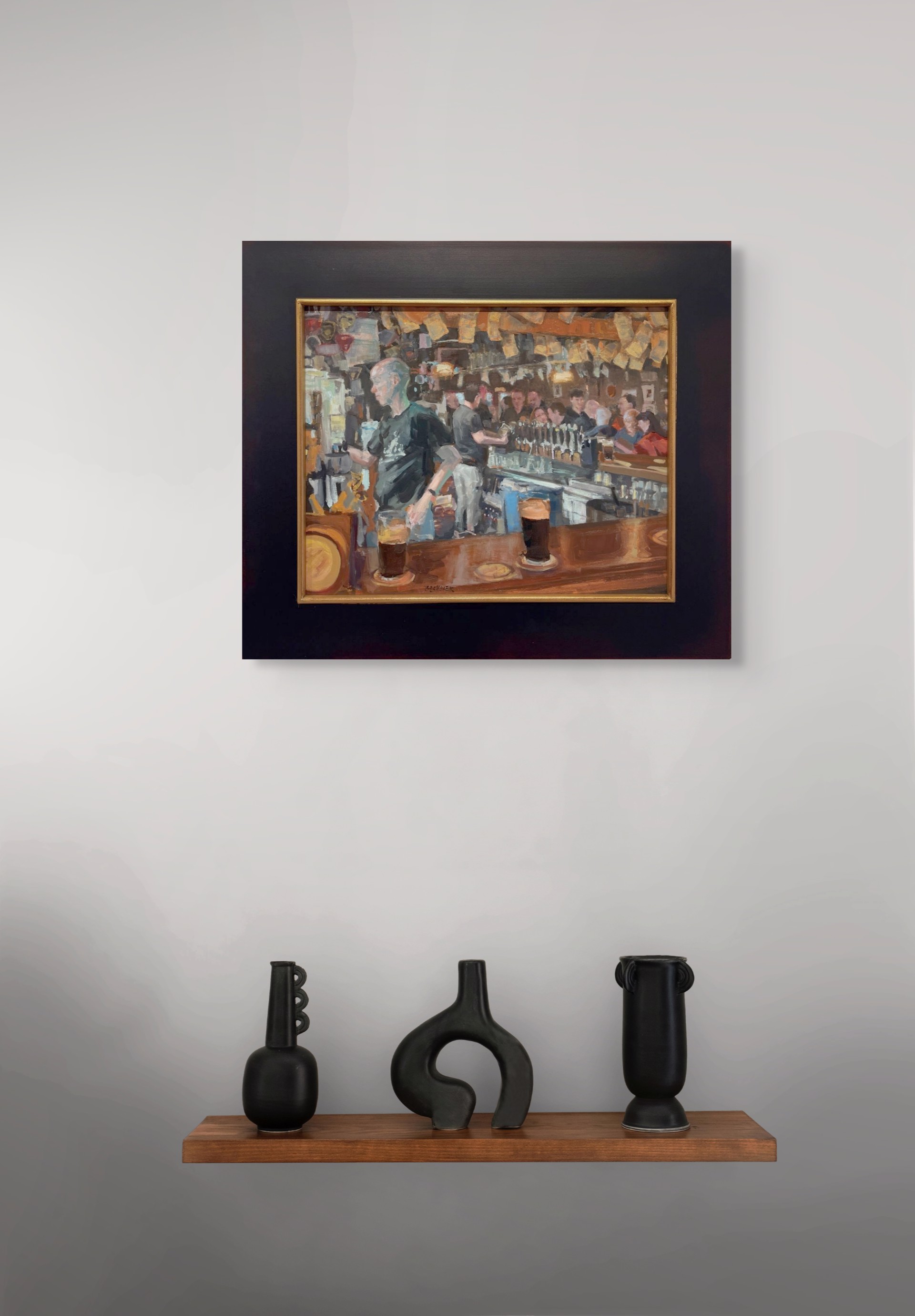 A painting of a bar scene with people at the bar.