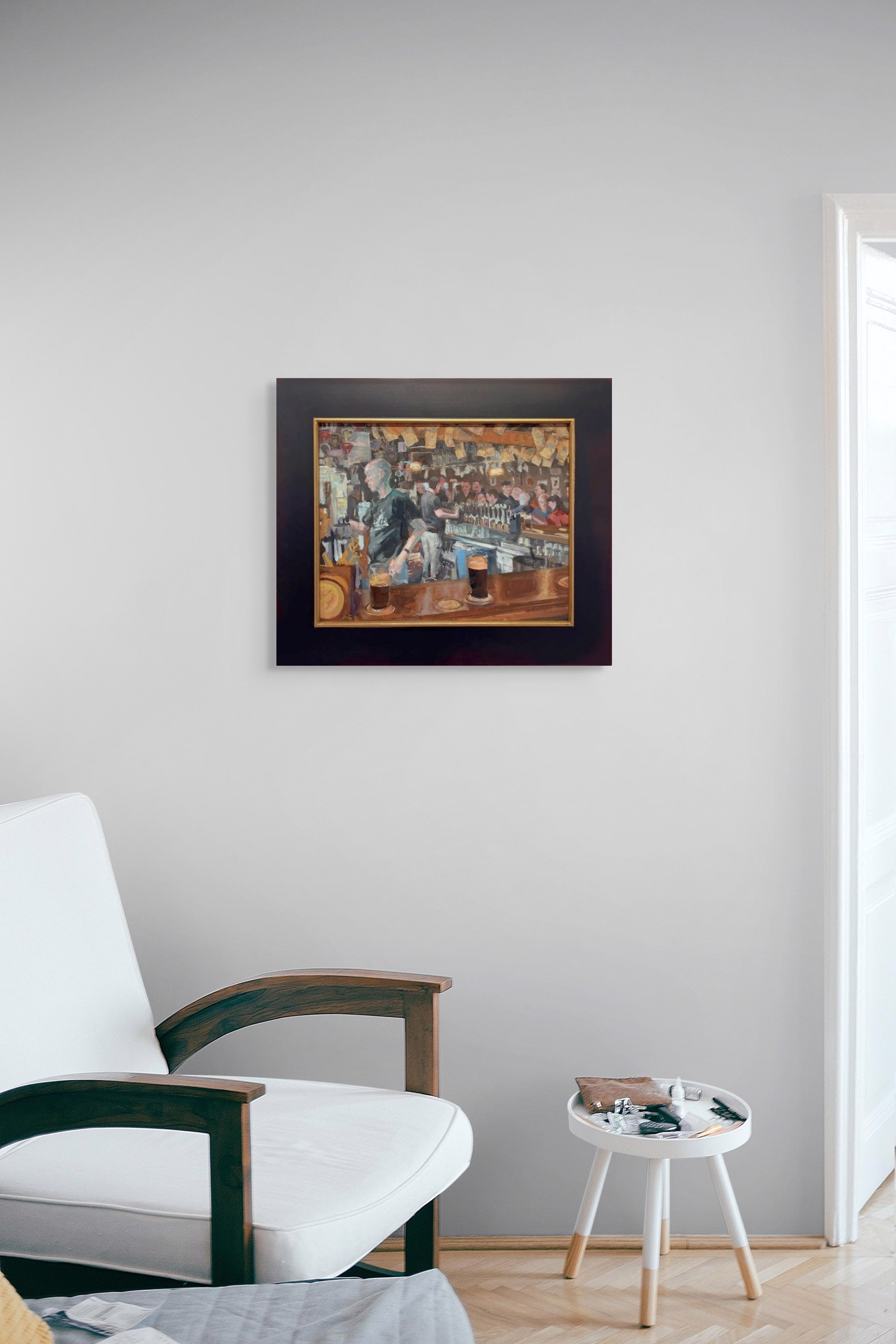 A painting of a bar scene with people at the bar.