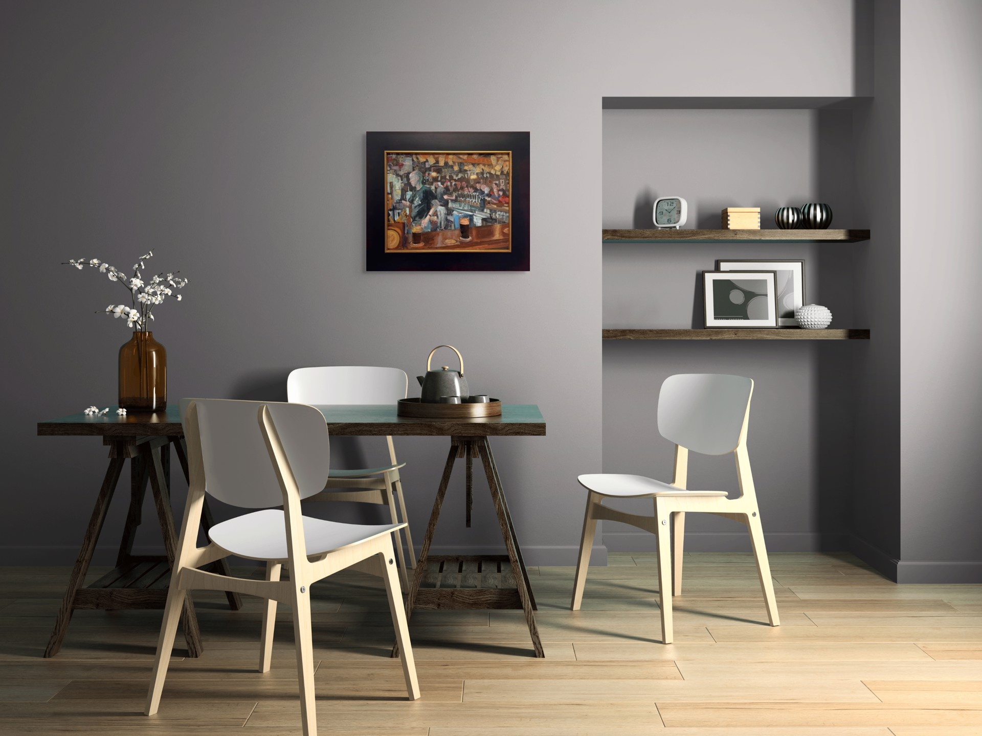 A painting of a bar scene with people at the bar.