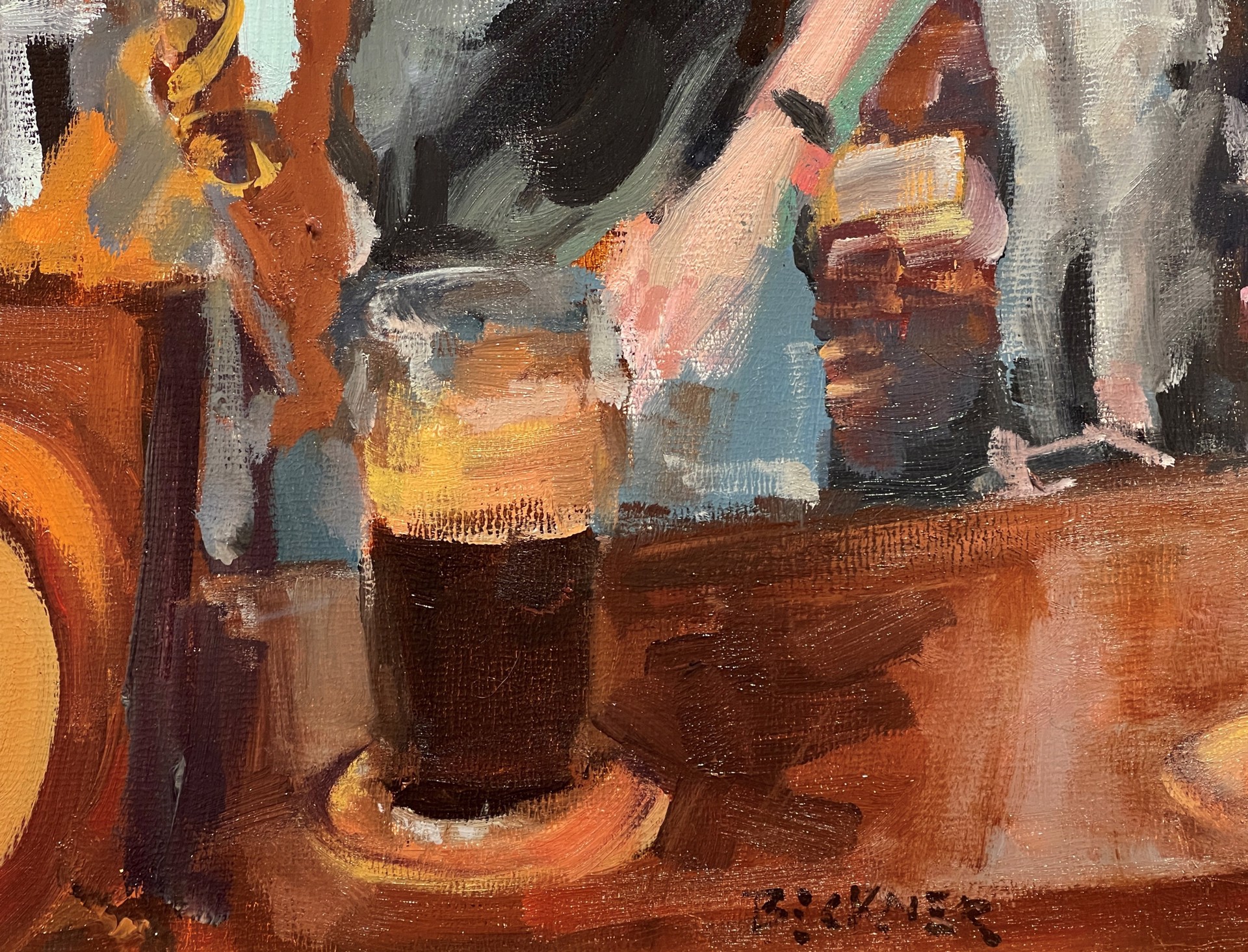 A painting of a bar scene with people at the bar.