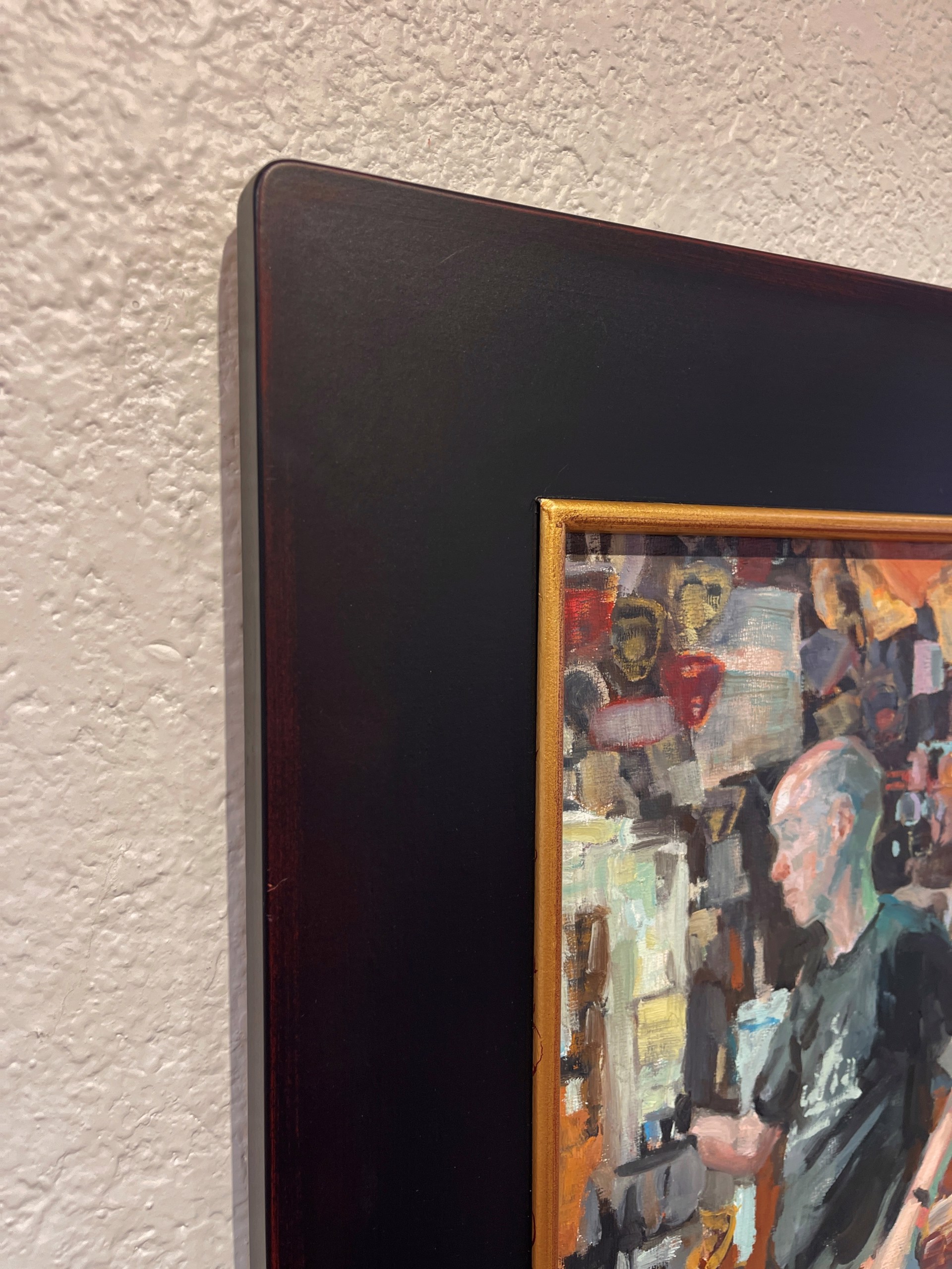 A painting of a bar scene with people at the bar.