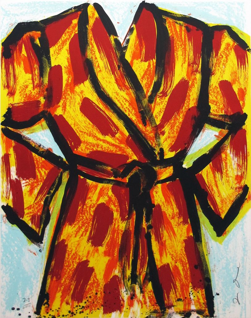 A painting of a red and yellow dress on a blue background.
