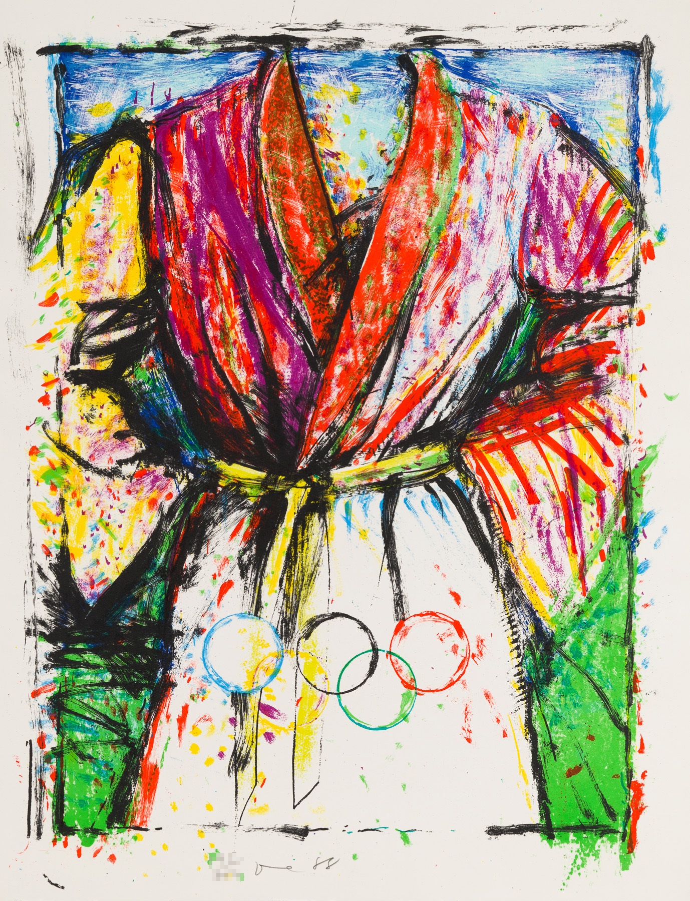 A painting of a colorful robe with olympic rings on it.