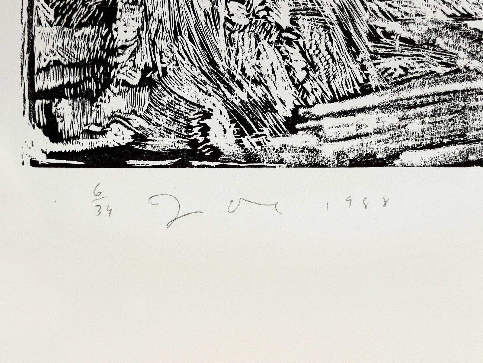A high-contrast woodcut portrait of a face rendered with heavy, textured lines.