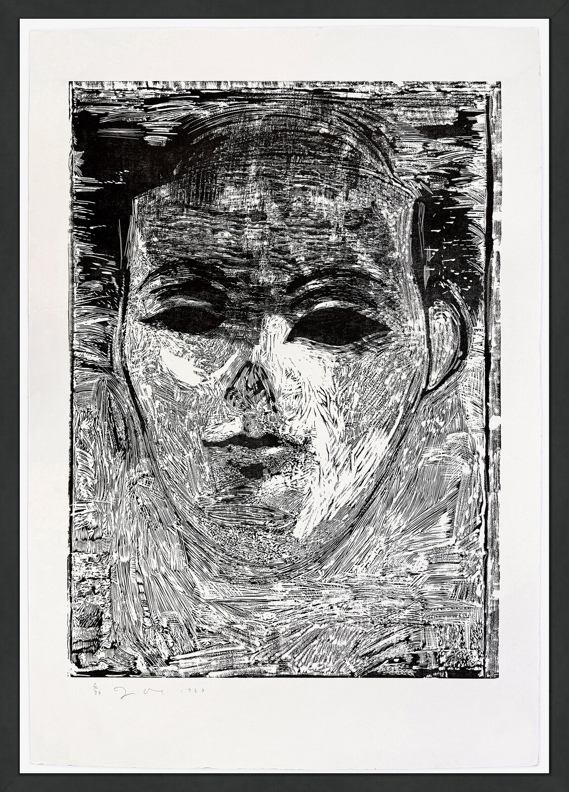 A high-contrast woodcut portrait of a face rendered with heavy, textured lines.