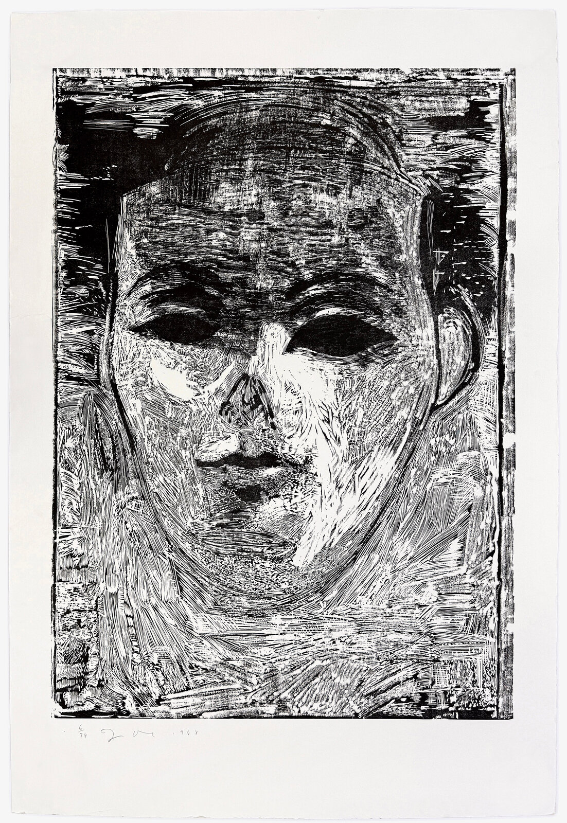 A high-contrast woodcut portrait of a face rendered with heavy, textured lines.