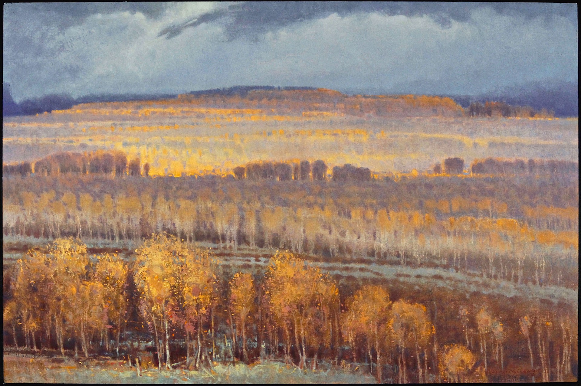 A landscape painting of a golden autumn forest under a moody sky.