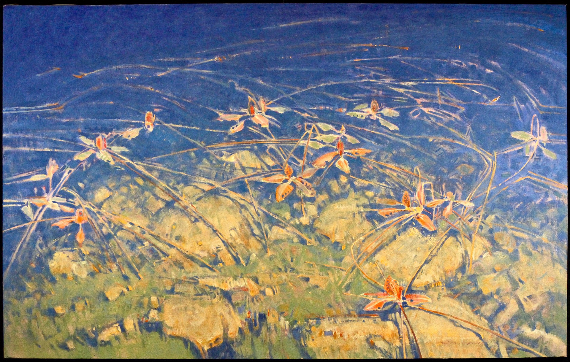 A painting of a field of flowers in the grass.