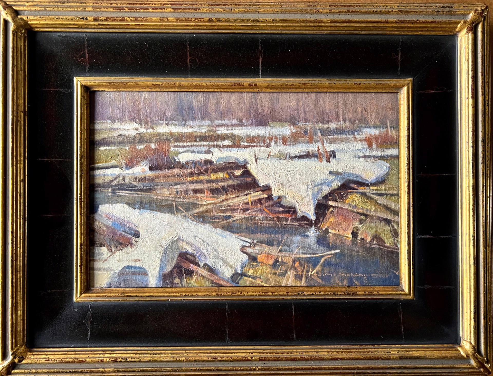 A painting of a snow covered field with a river in the background.