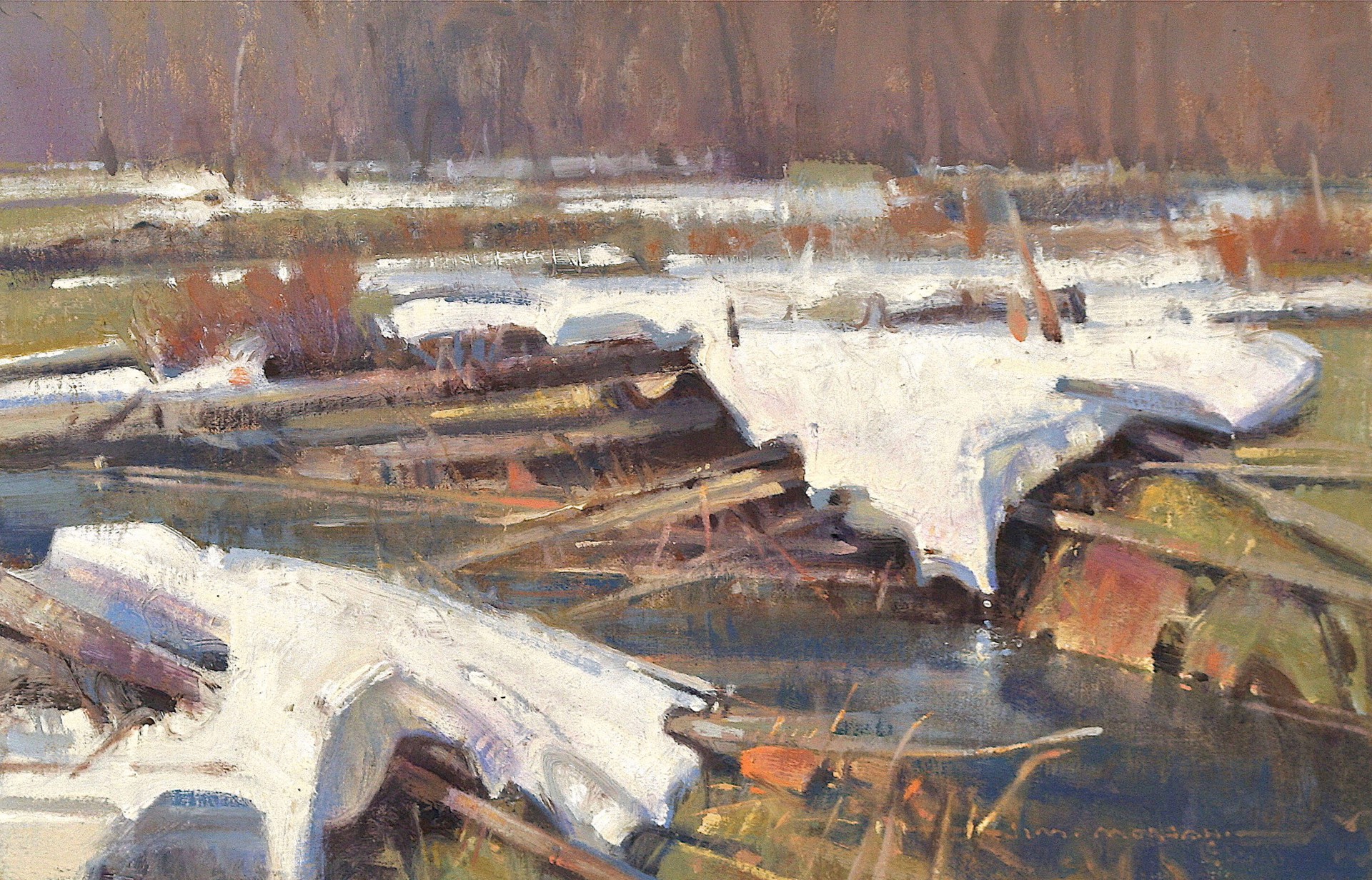 A painting of a snow covered field with a river in the background.