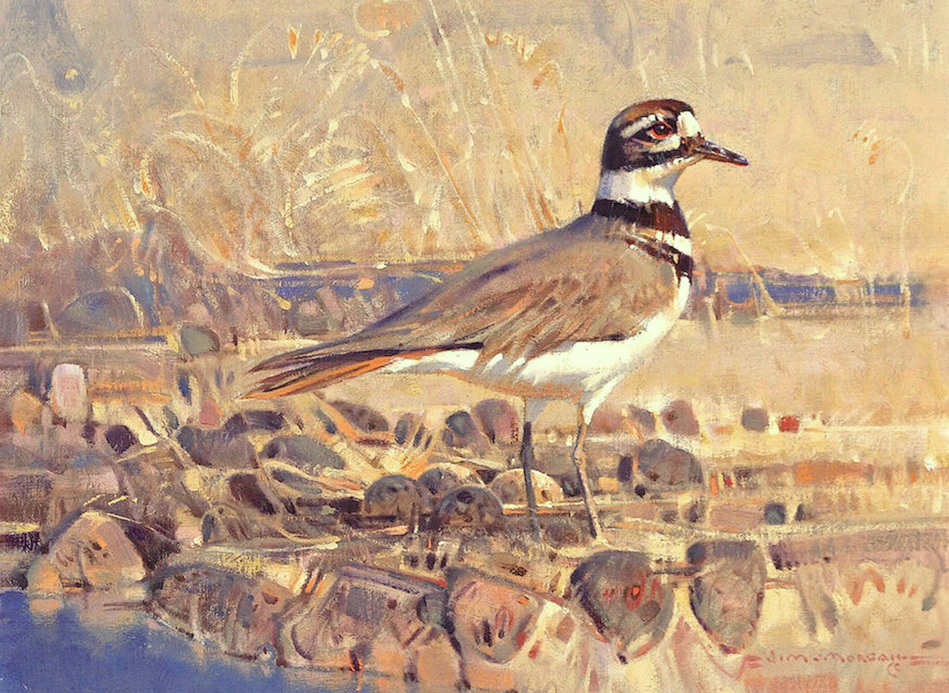 A painting of a bird standing on a rock by the water.