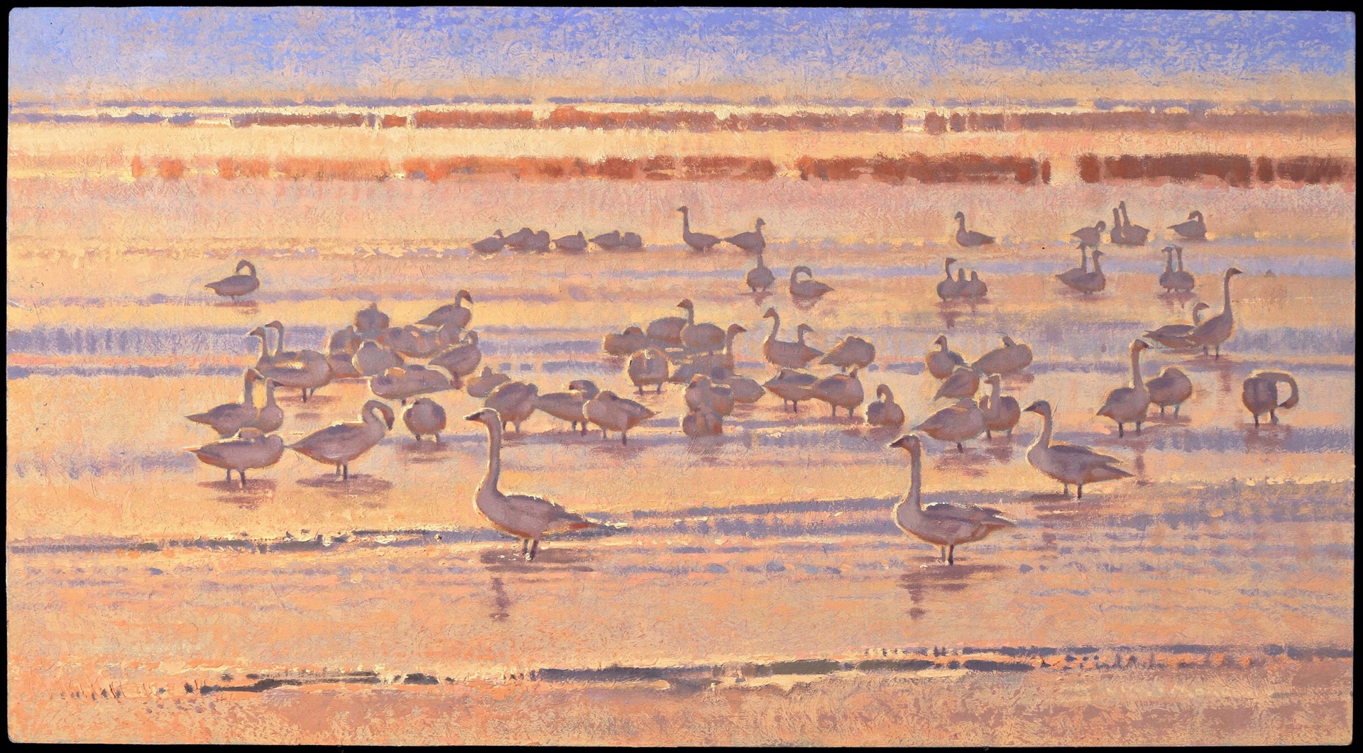 A painting of a flock of geese on a beach at sunset.