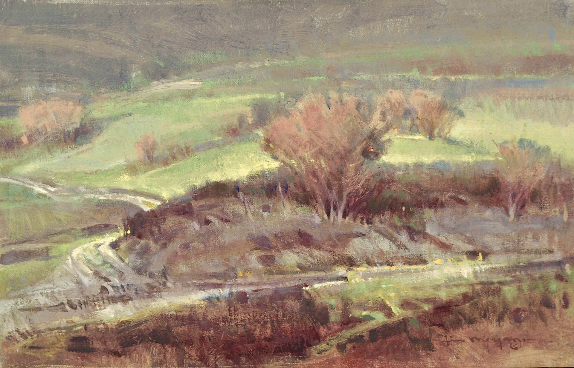 A painting of a landscape with trees in the distance.