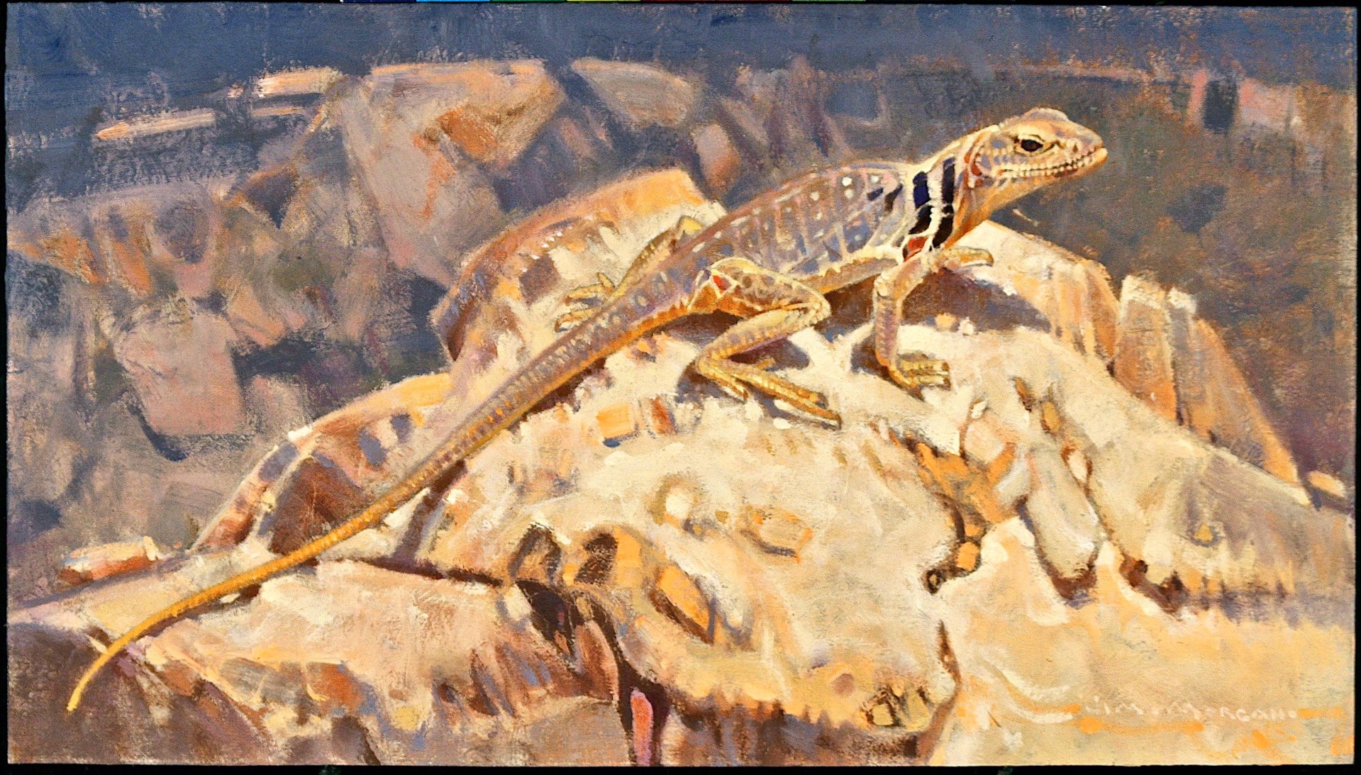 A painting of a lizard sitting on a rock.