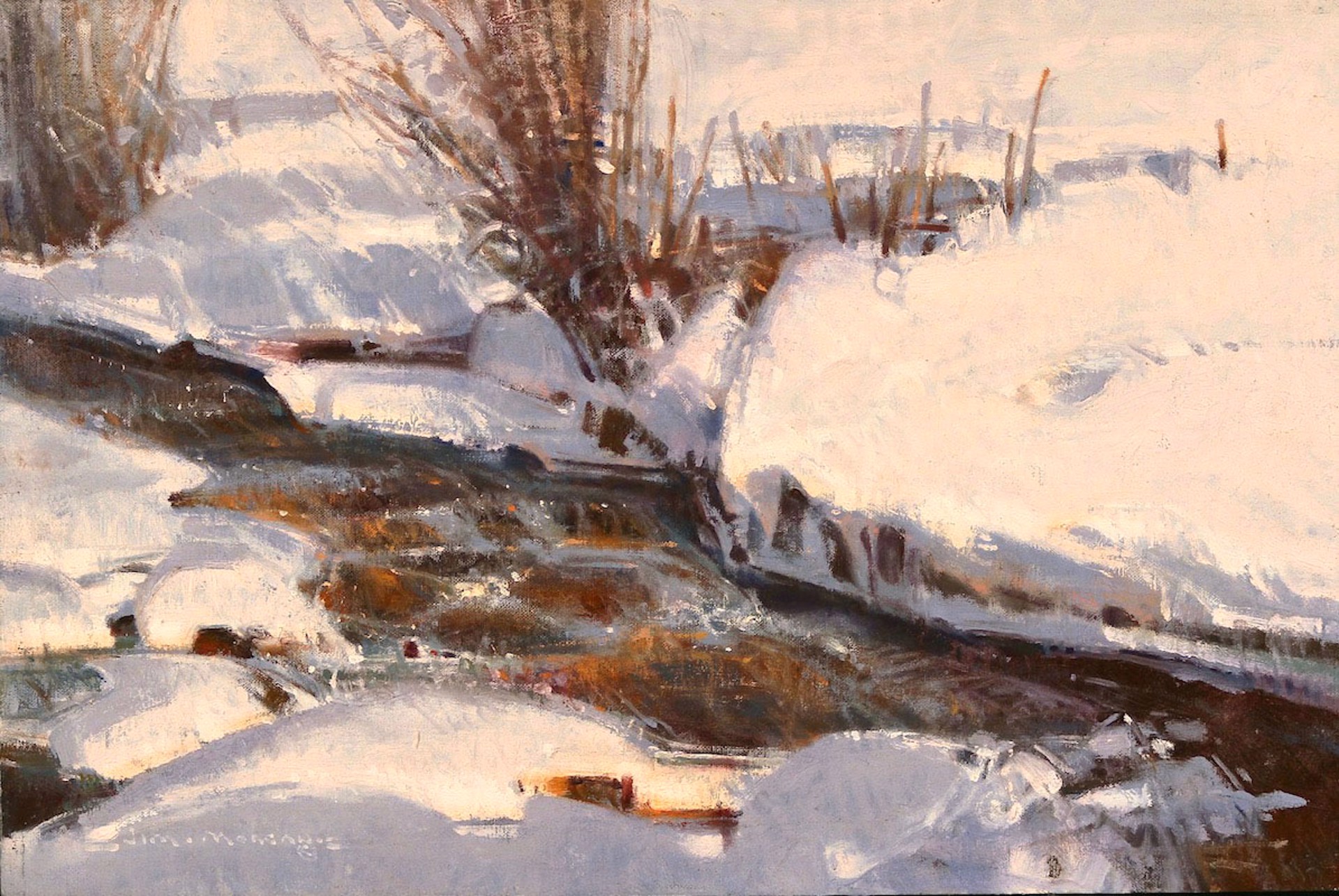 A painting of a snowy landscape with a stream in the foreground.