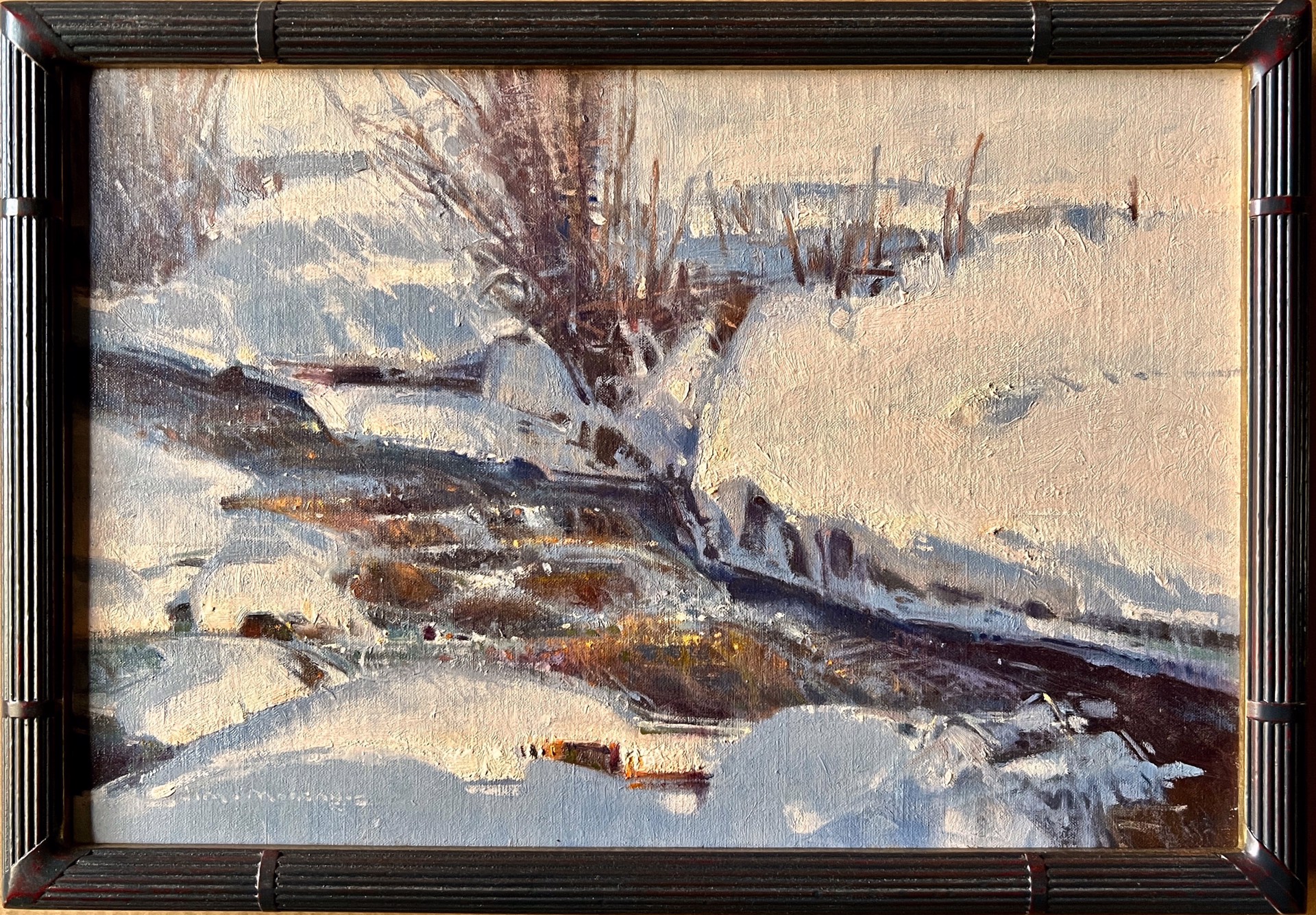 A painting of a snowy landscape with a stream in the foreground.