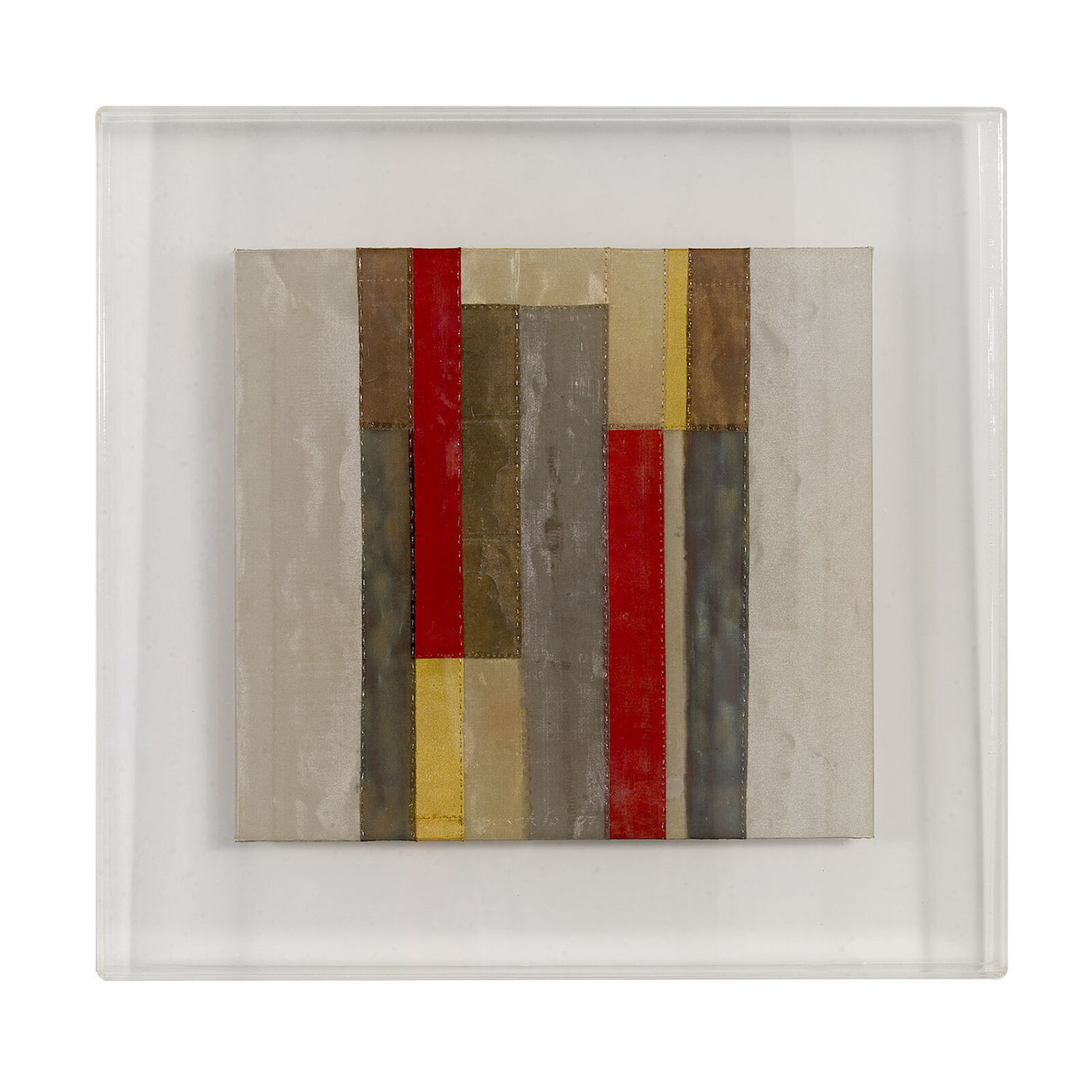 A minimalist textile artwork featuring vertical strips of fabric in muted earth tones and bold red.