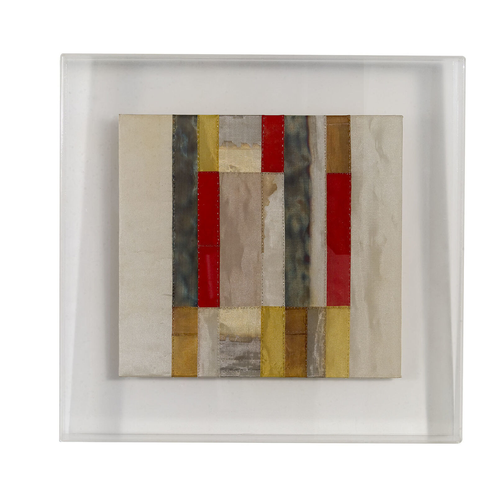 A minimalist abstract composition featuring vertical fabric strips in muted earth tones and reds.
