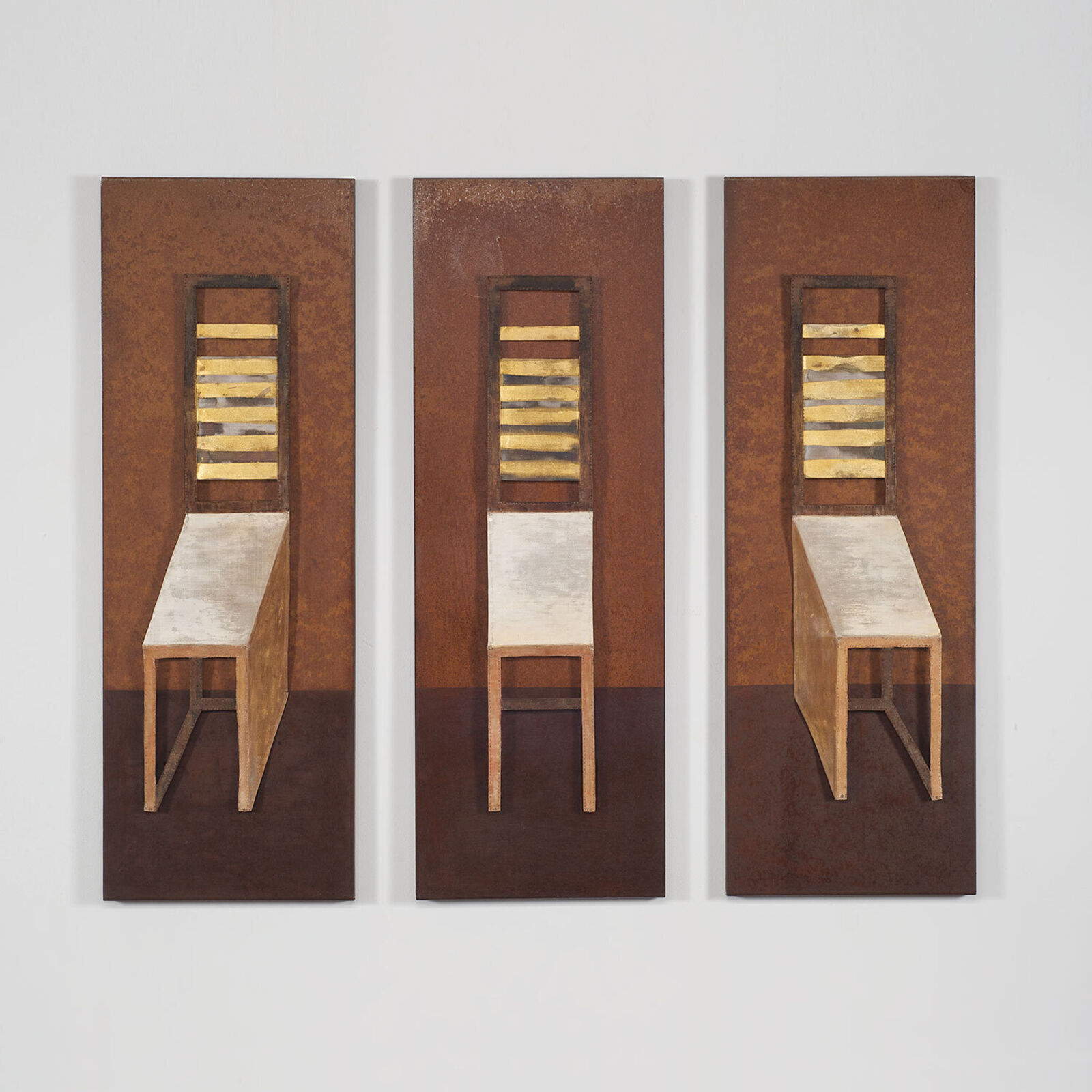 A triptych of minimalist chairs rendered in warm earth tones against a textured background.