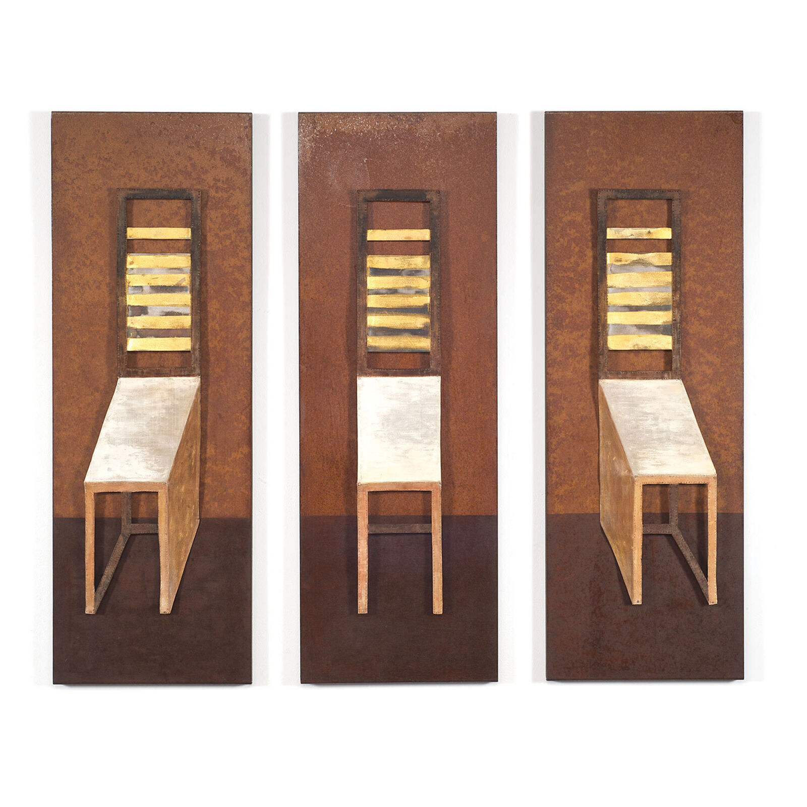 A triptych of minimalist chairs rendered in warm earth tones against a textured background.