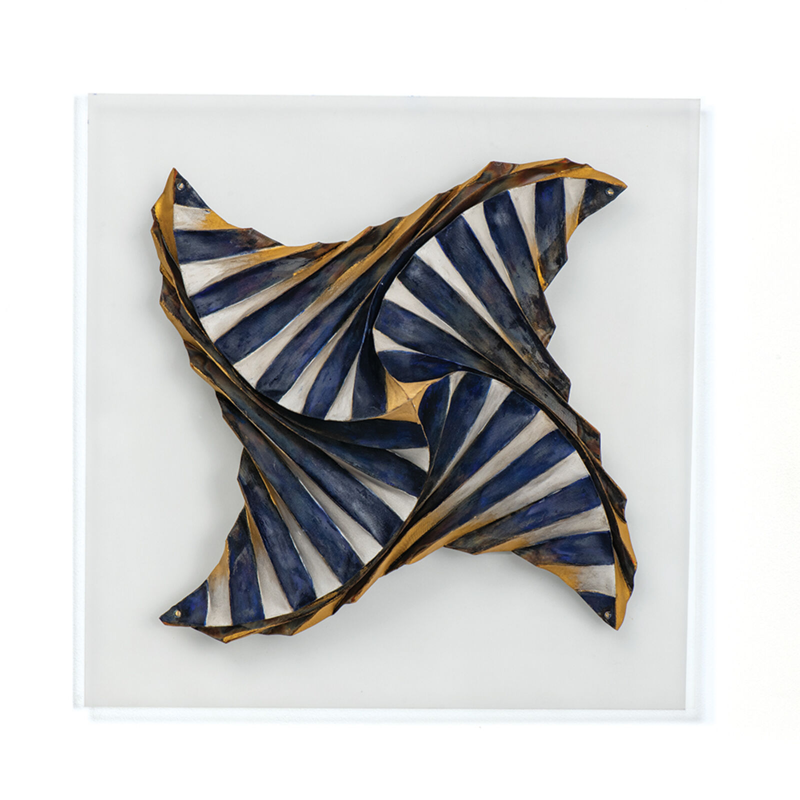 A sculptural relief featuring a swirling, wing-like form with radiating stripes in deep blue, white, and gold.