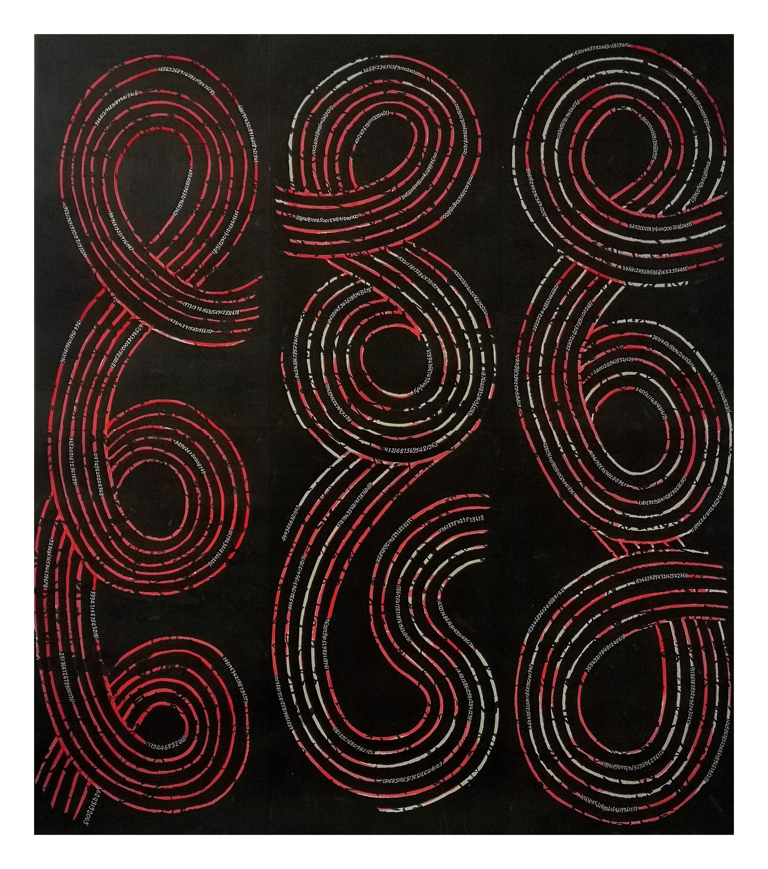 A black and red painting with red and white swirls on it.