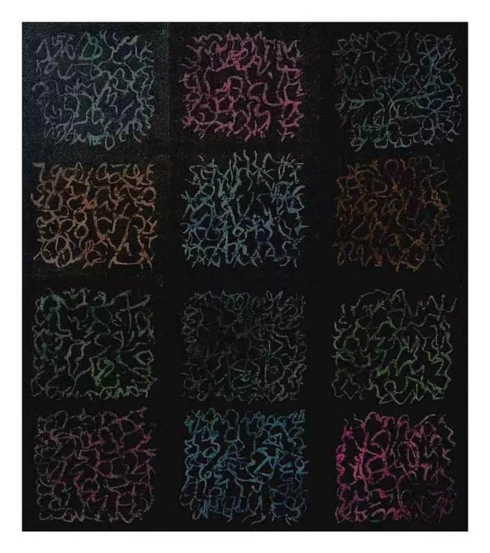 A grid of twelve abstract, scribbled squares in muted colors against a dark background.