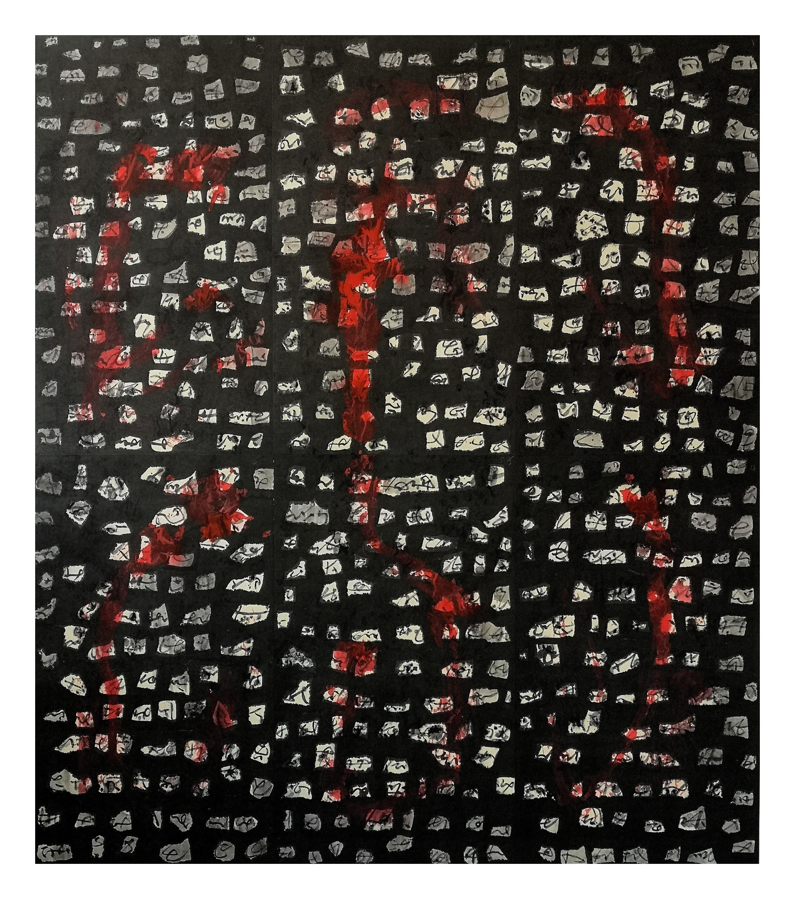 A black and white painting with red paint splatters on it.