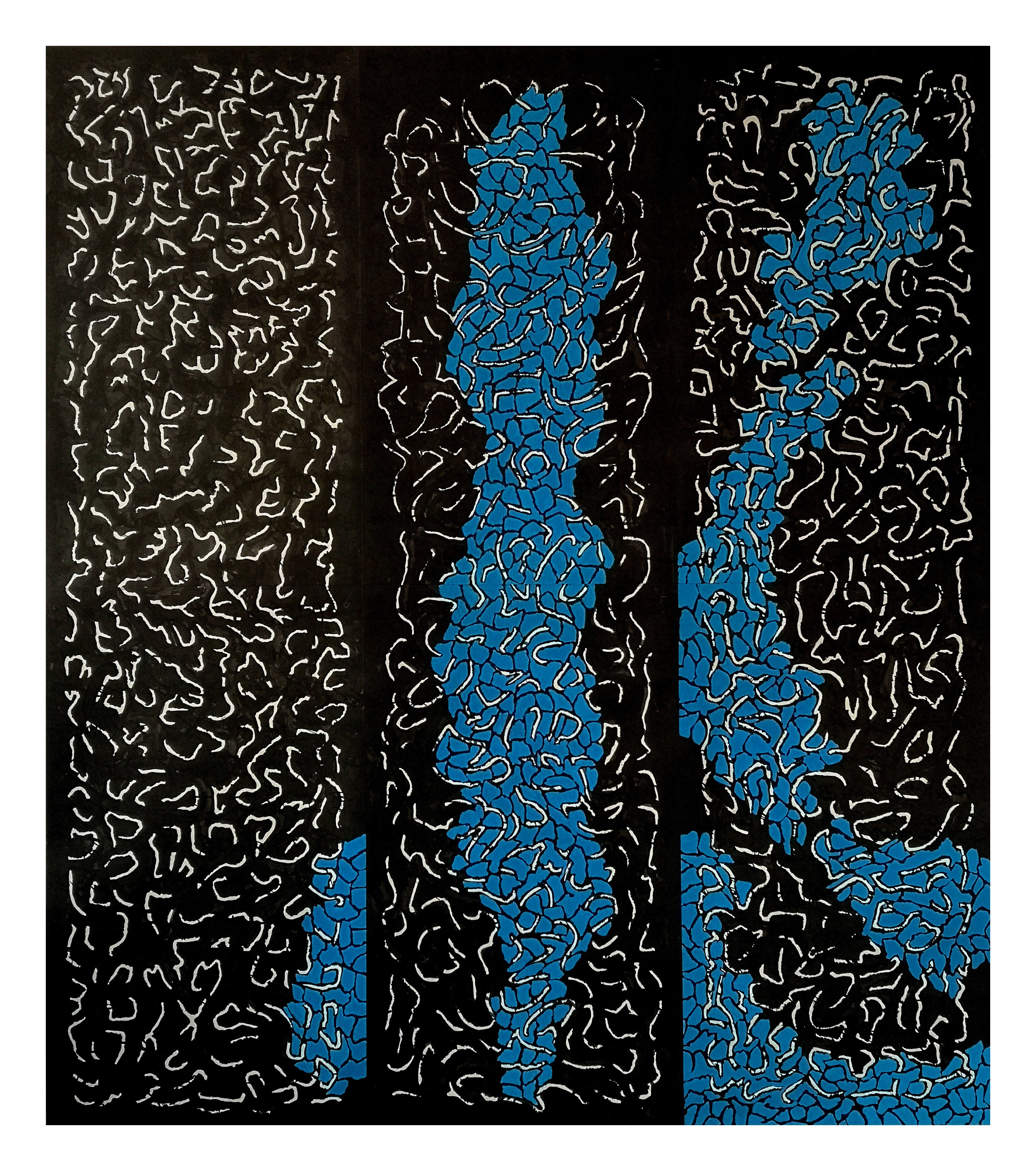 A black and blue painting with a black background.