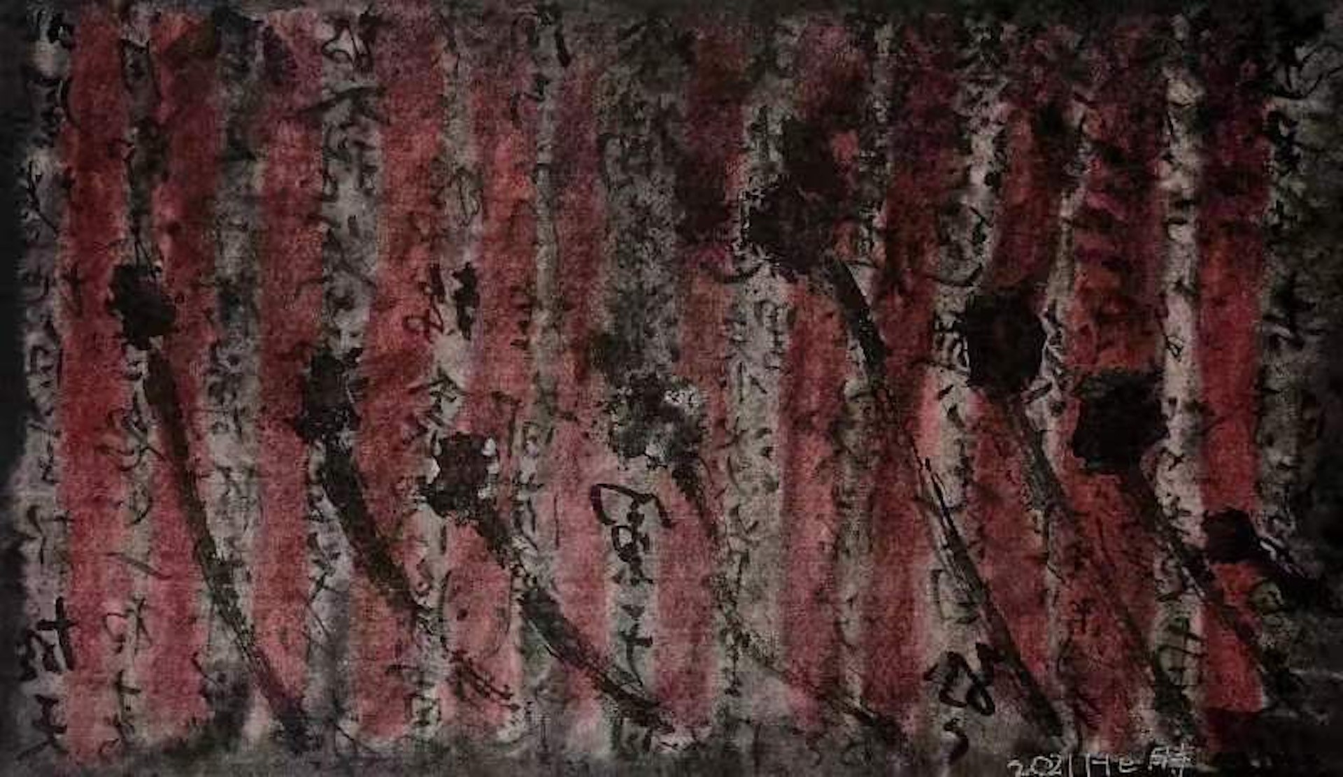 A textured abstract composition featuring vertical red stripes and dark, organic marks.