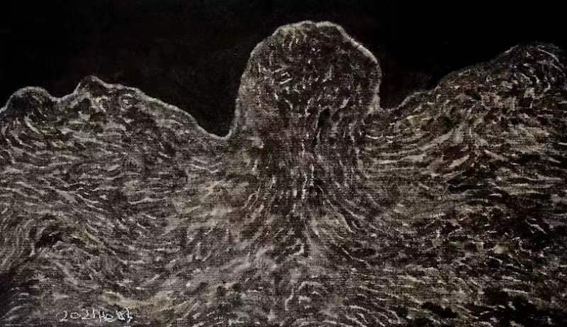 A monochromatic textured landscape resembling a mountain range with a central peak.
